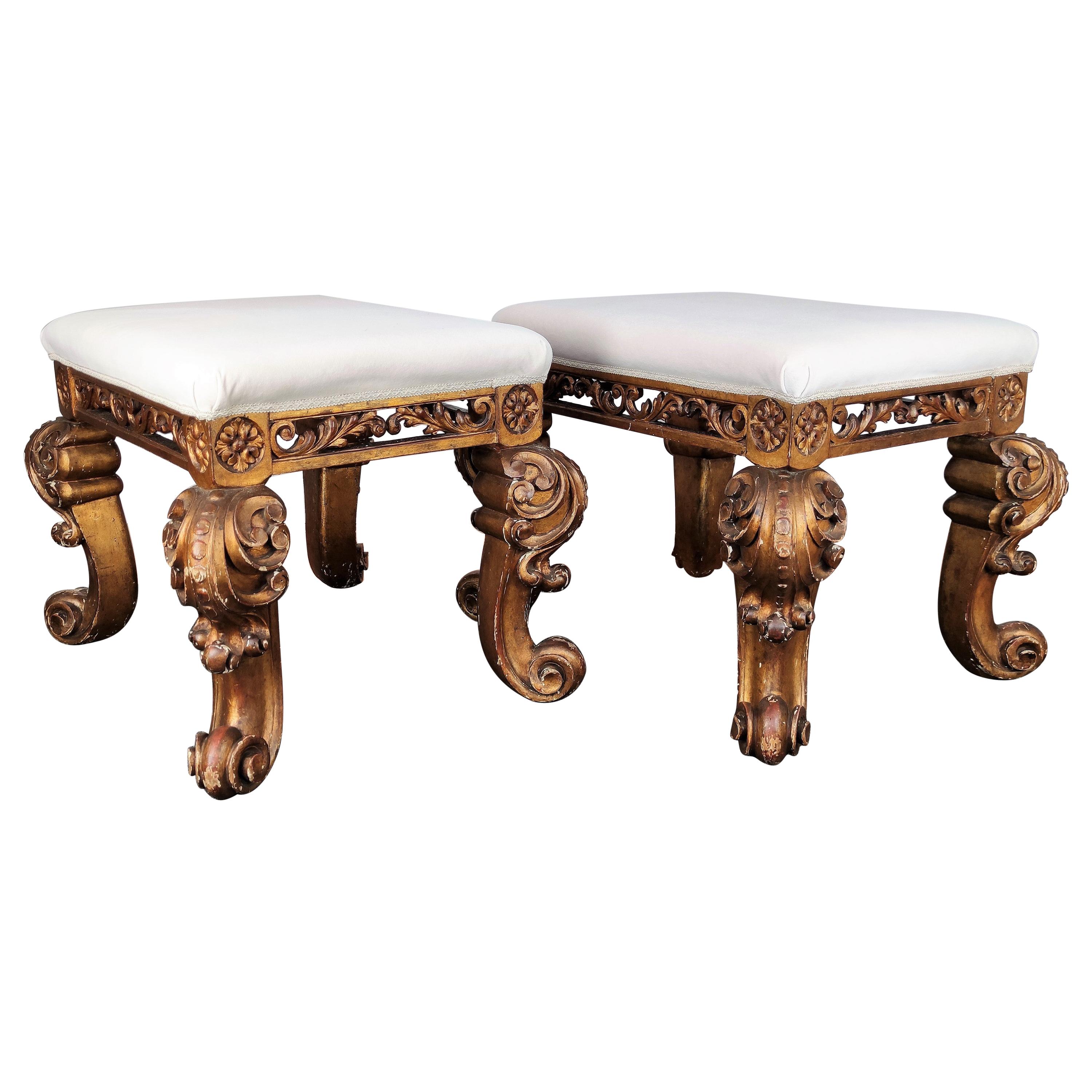 Pair of 17th Century Italian Carved Giltwood Baroque Stools Newly Reupholstered