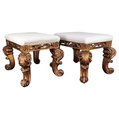 Antique Pair of 17th Century Italian Carved Giltwood Baroque Stools Newly Reupholstered