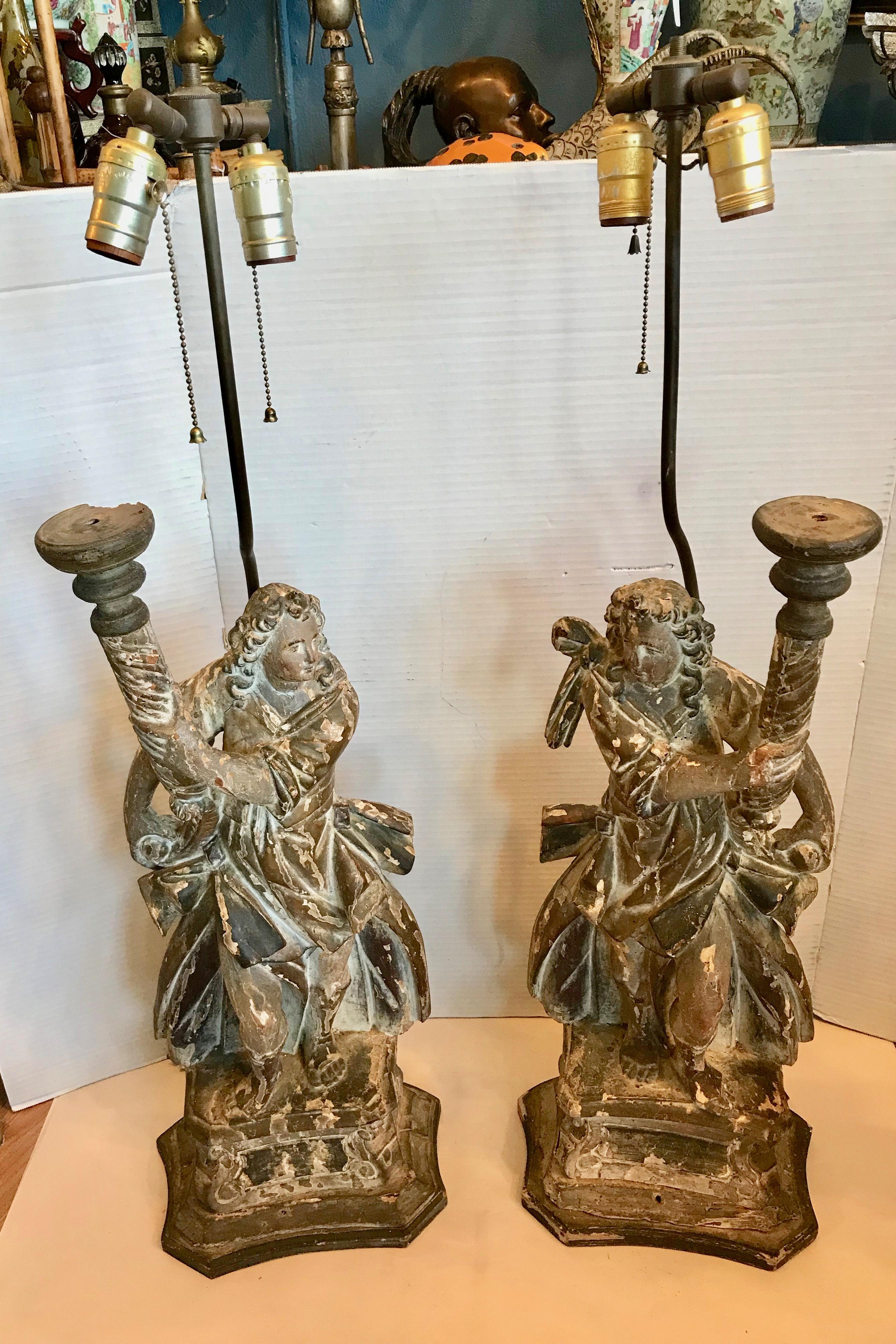 Hand-Carved Pair Of 17TH Century Italian Figural Prickets Now Mounted As Lamps For Sale