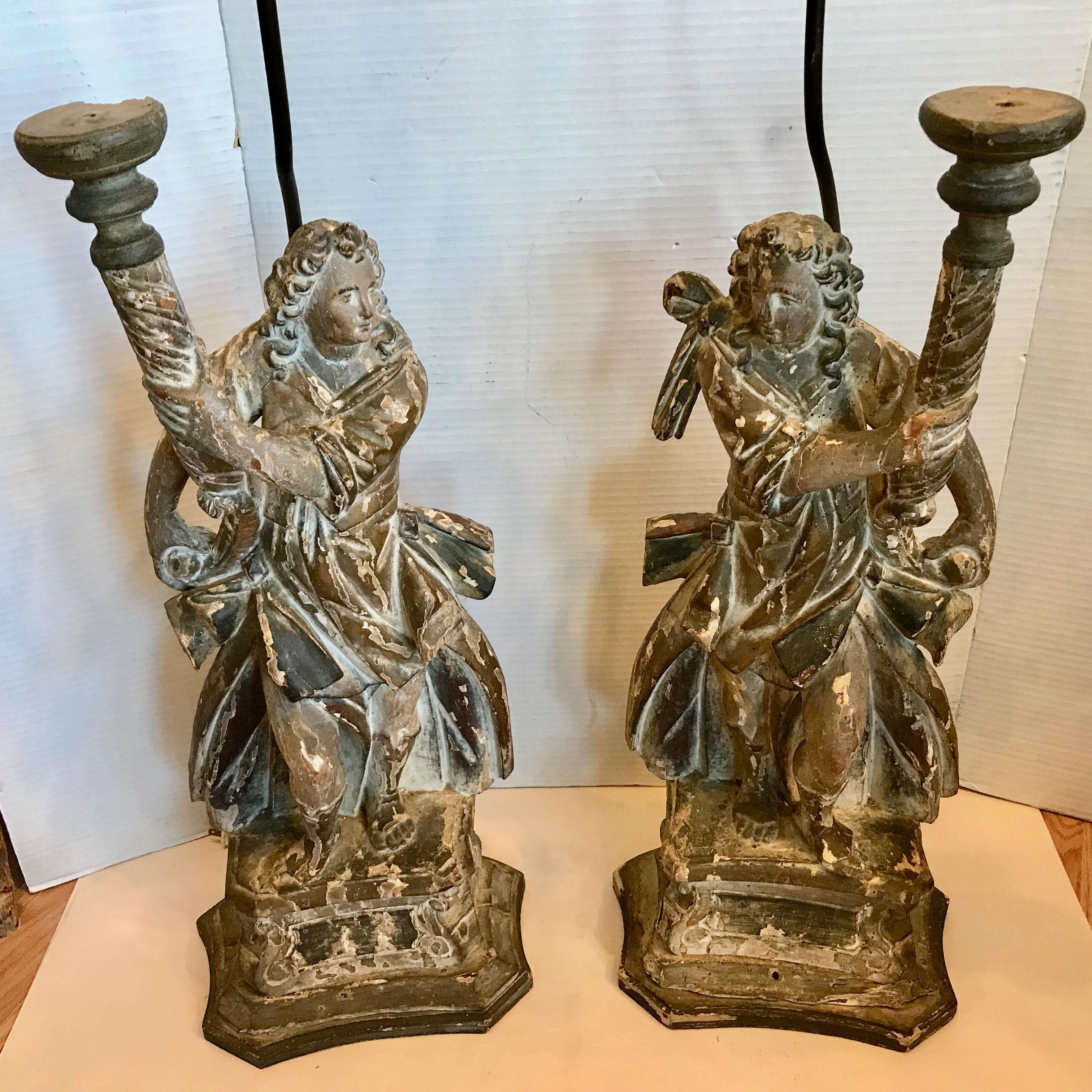 Pair Of 17TH Century Italian Figural Prickets Now Mounted As Lamps In Good Condition For Sale In West Palm Beach, FL