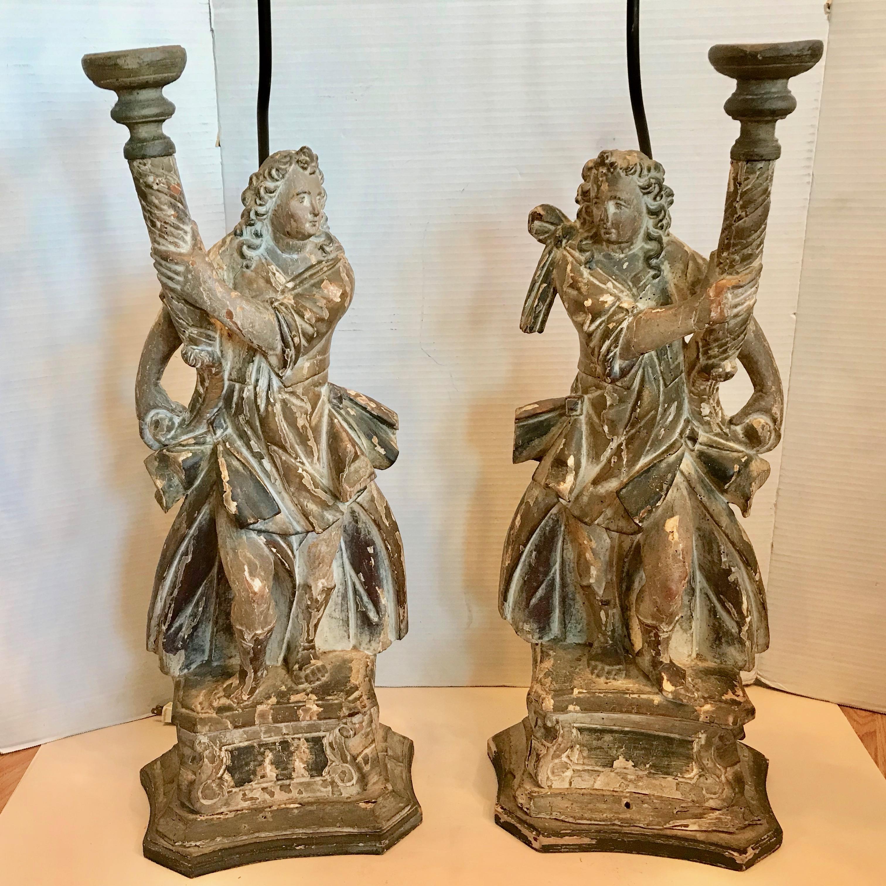 18th Century and Earlier Pair Of 17TH Century Italian Figural Prickets Now Mounted As Lamps For Sale