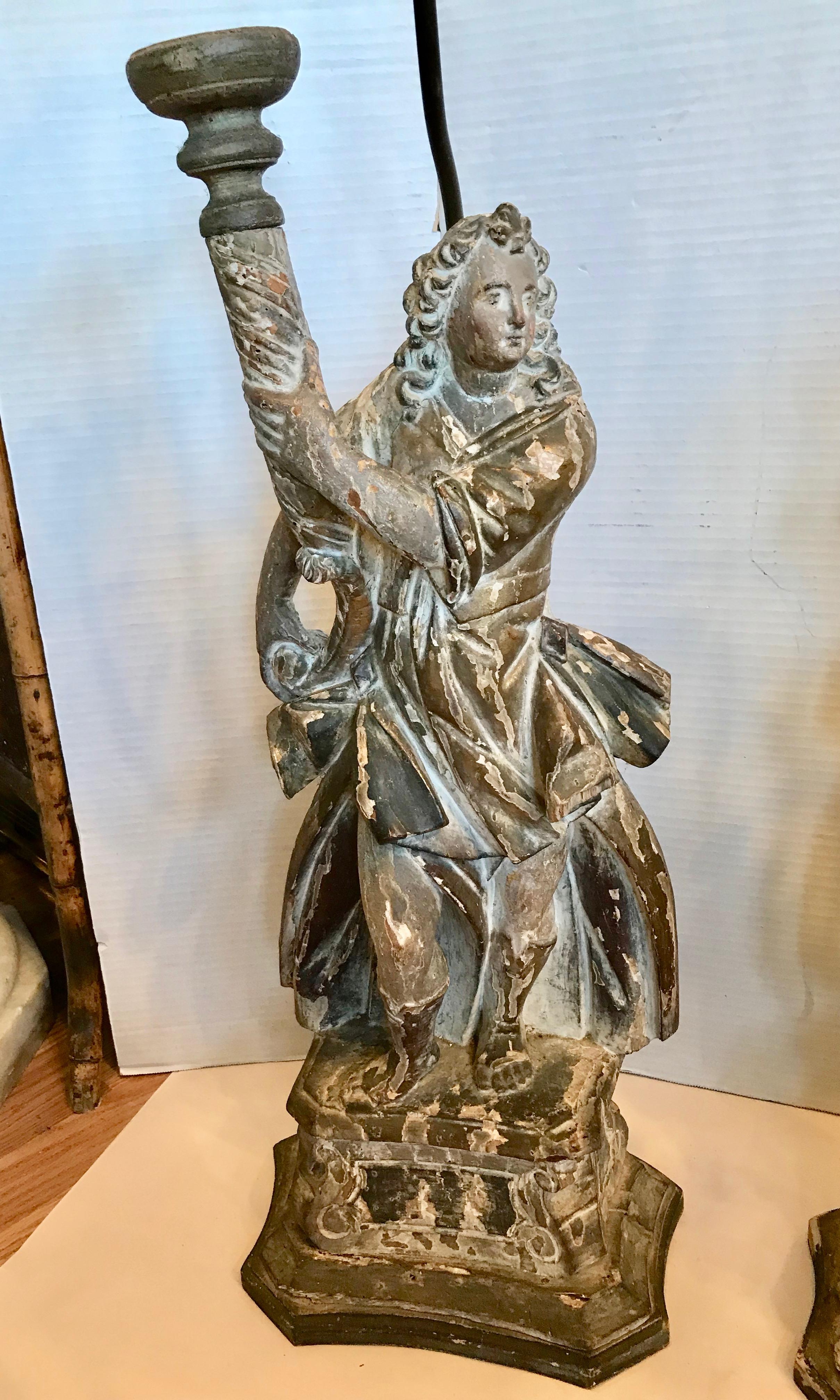 Wood Pair Of 17TH Century Italian Figural Prickets Now Mounted As Lamps For Sale