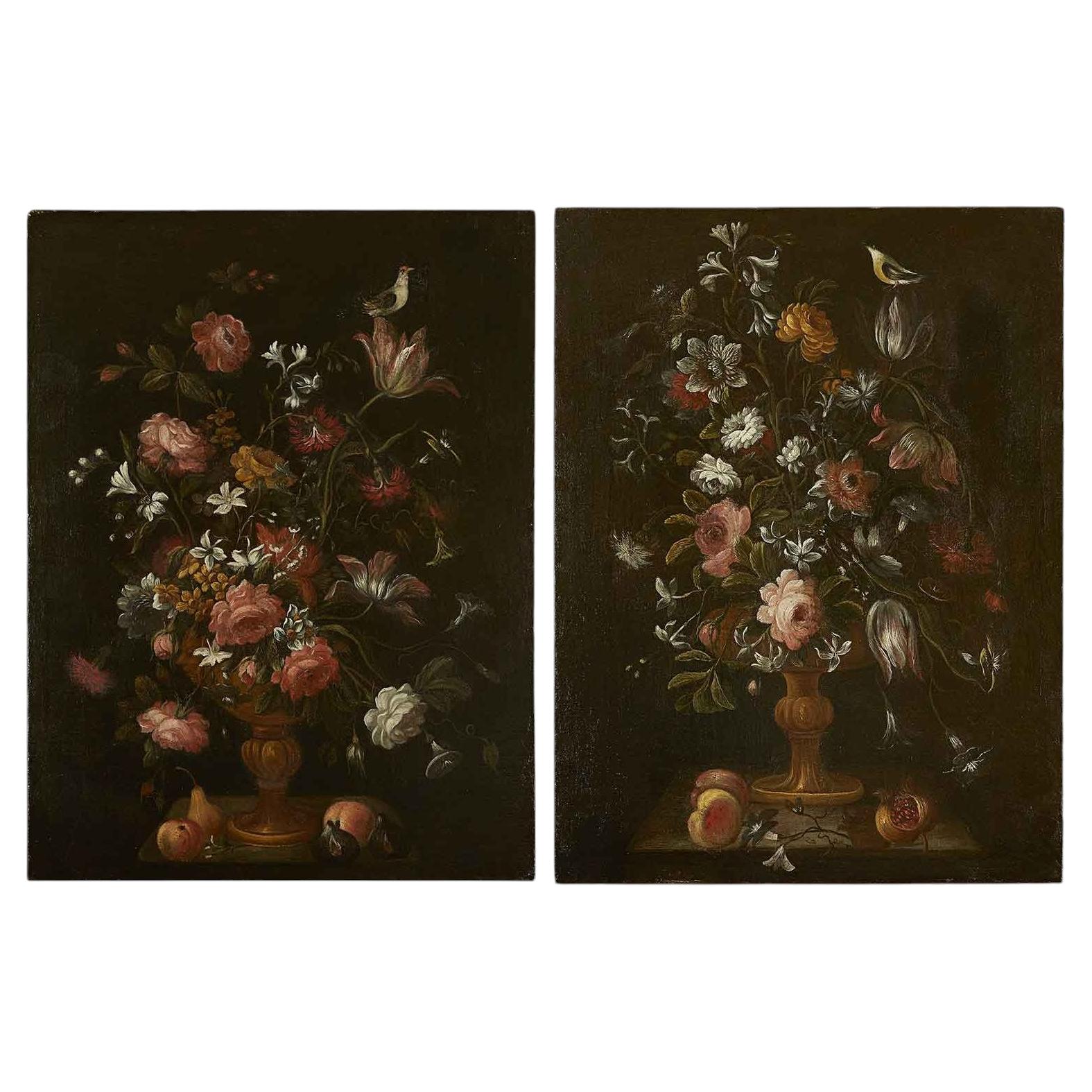 Pair of 17th Century Italian Flower Still Life Oil Paintings, Unsigned Unframed For Sale