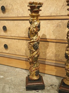 Pair of 17th Century Italian Giltwood and Polychrome Grape Leaf Table Columns