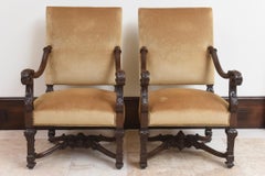 Pair of 17th Century Italian Louis XIV Highback Walnut Armchairs