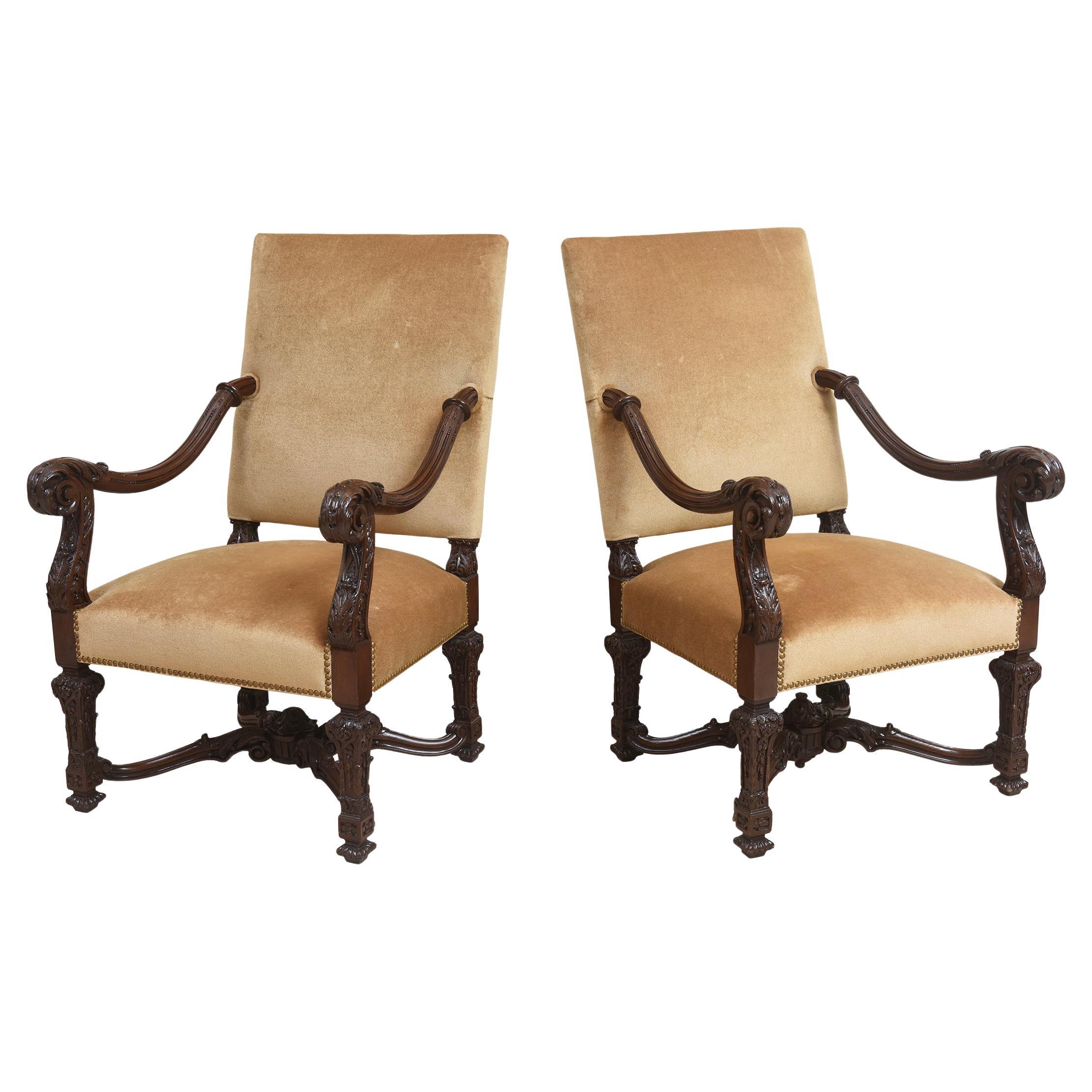 Pair of 17th Century Italian Louis XIV Highback Walnut Armchairs