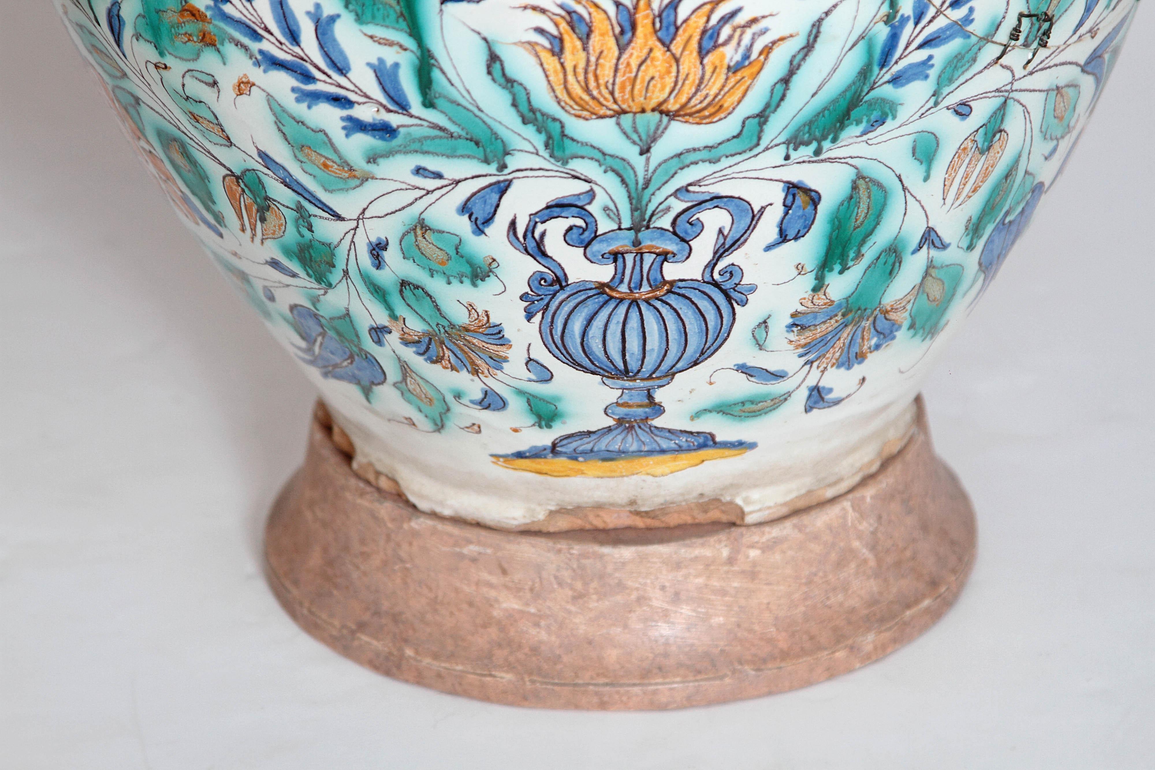 Pair of 17th Century Italian Maiolica Vases as Lamps For Sale 5