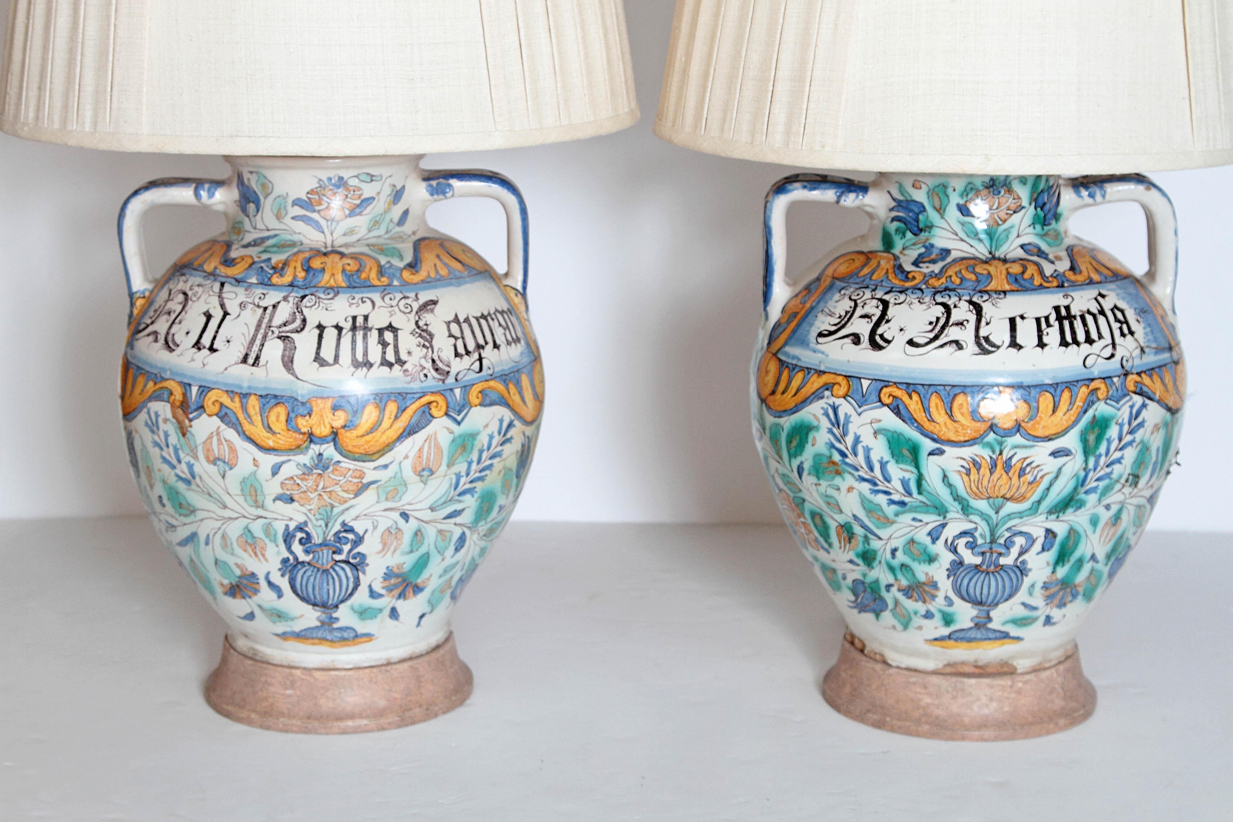 Glazed Pair of 17th Century Italian Maiolica Vases as Lamps For Sale