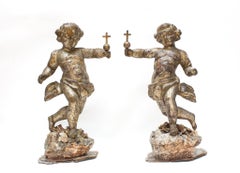 Pair of 17th Century Italian Silver Leaf Angels on Mica Matrix Base