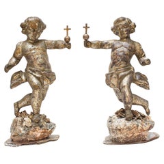Pair of 17th Century Italian Silver Leaf Angels on Mica Matrix Base