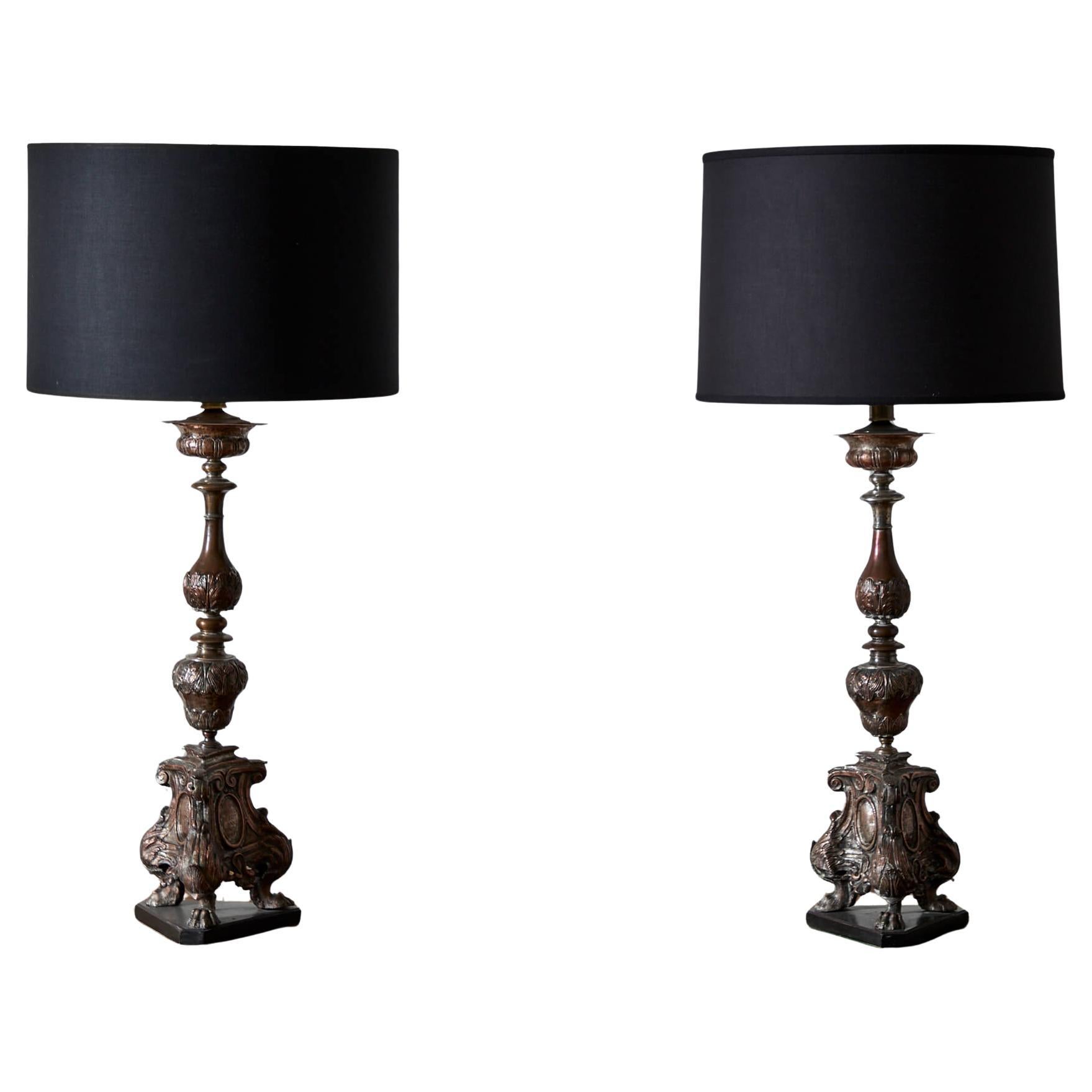 Pair of 17th Century Italian Silvered Copper Pricket Lamps For Sale