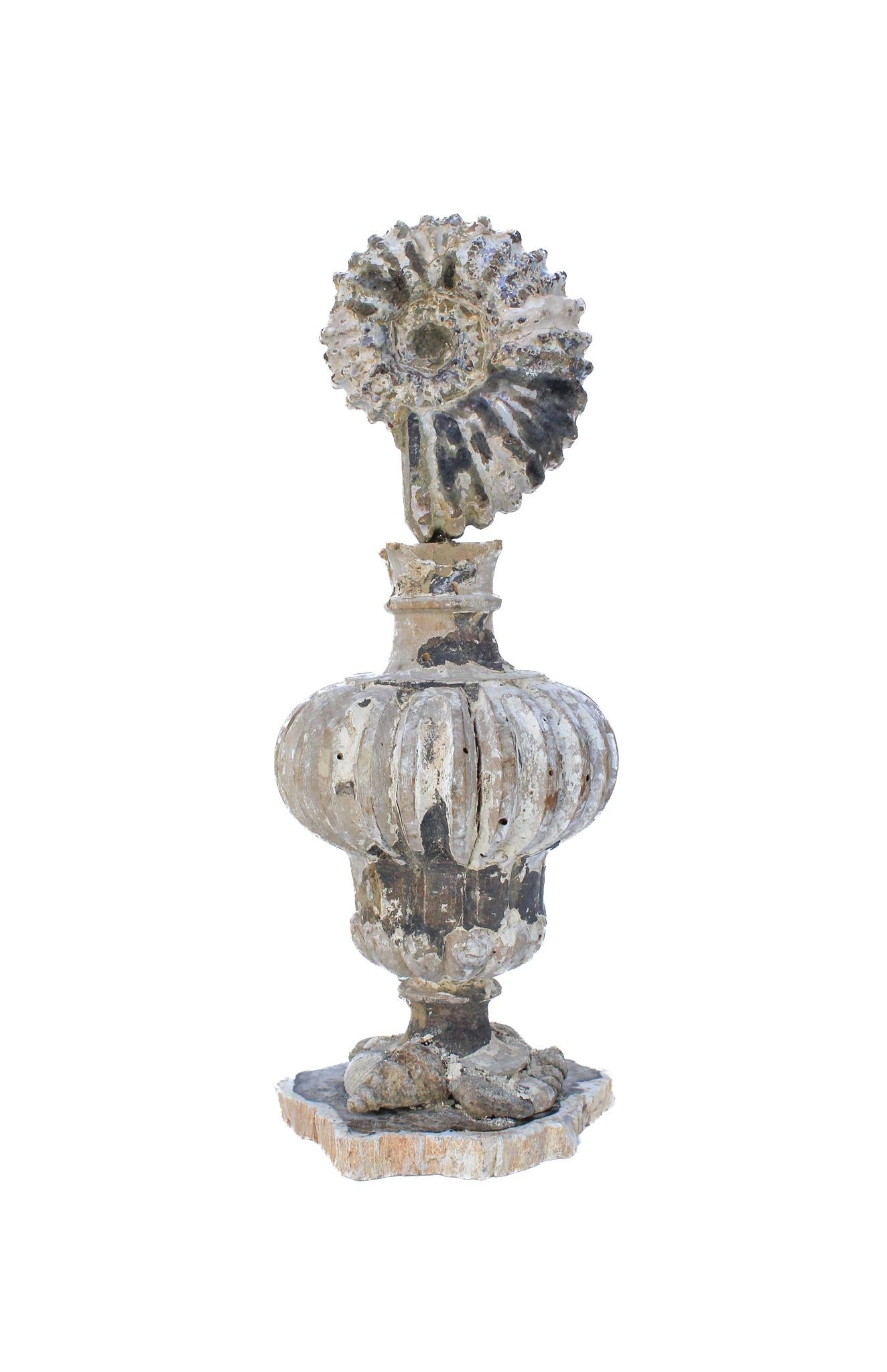 Hand-Carved Pair of 17th Century Italian Vases Mounted with Ammonites and Fossil Shells