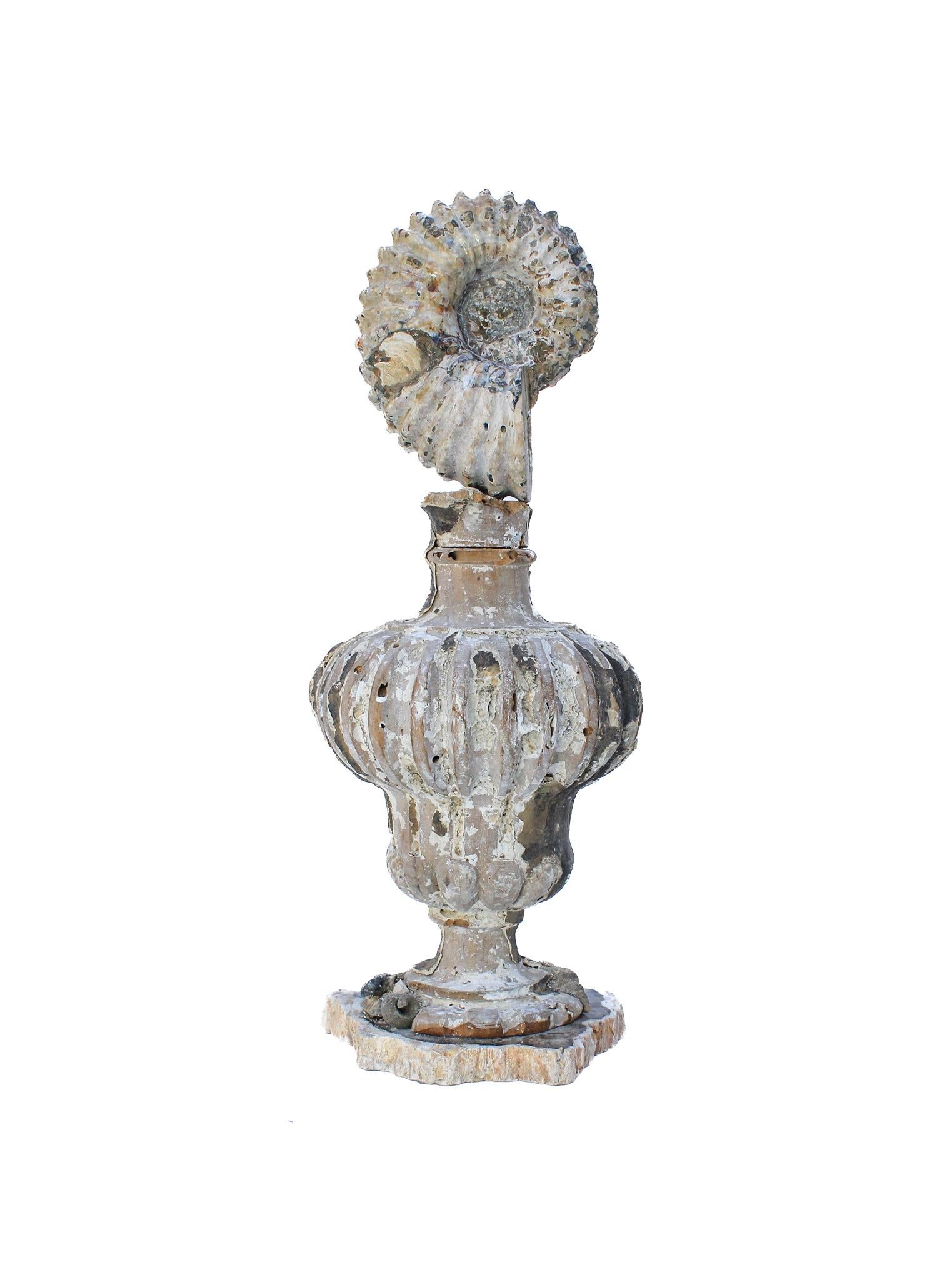 Pair of 17th Century Italian Vases Mounted with Ammonites and Fossil Shells In Distressed Condition In Dublin, Dalkey