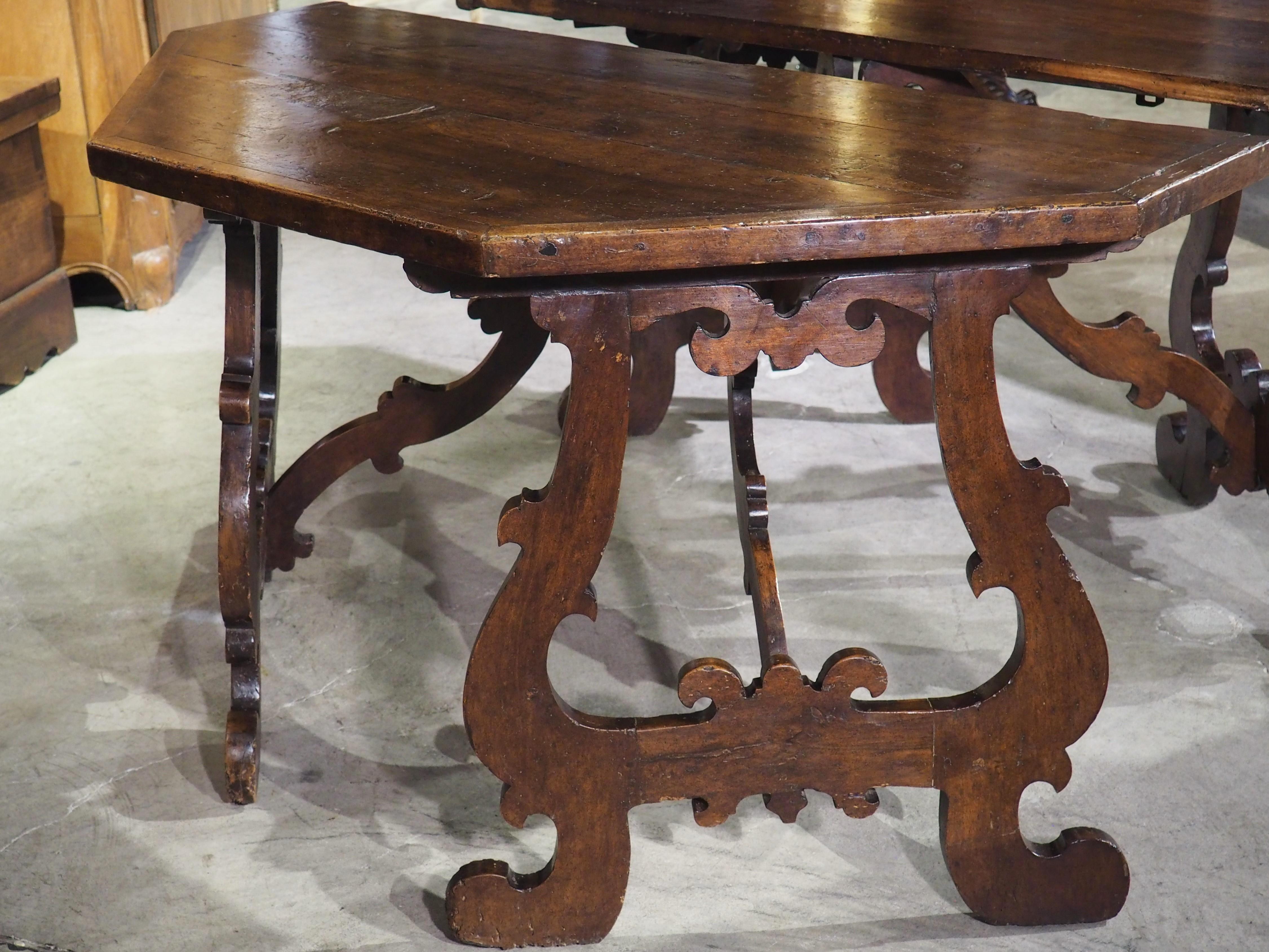 Pair of 17th Century Italian Walnut Wood Lyre Leg Consoles or Center Table 4
