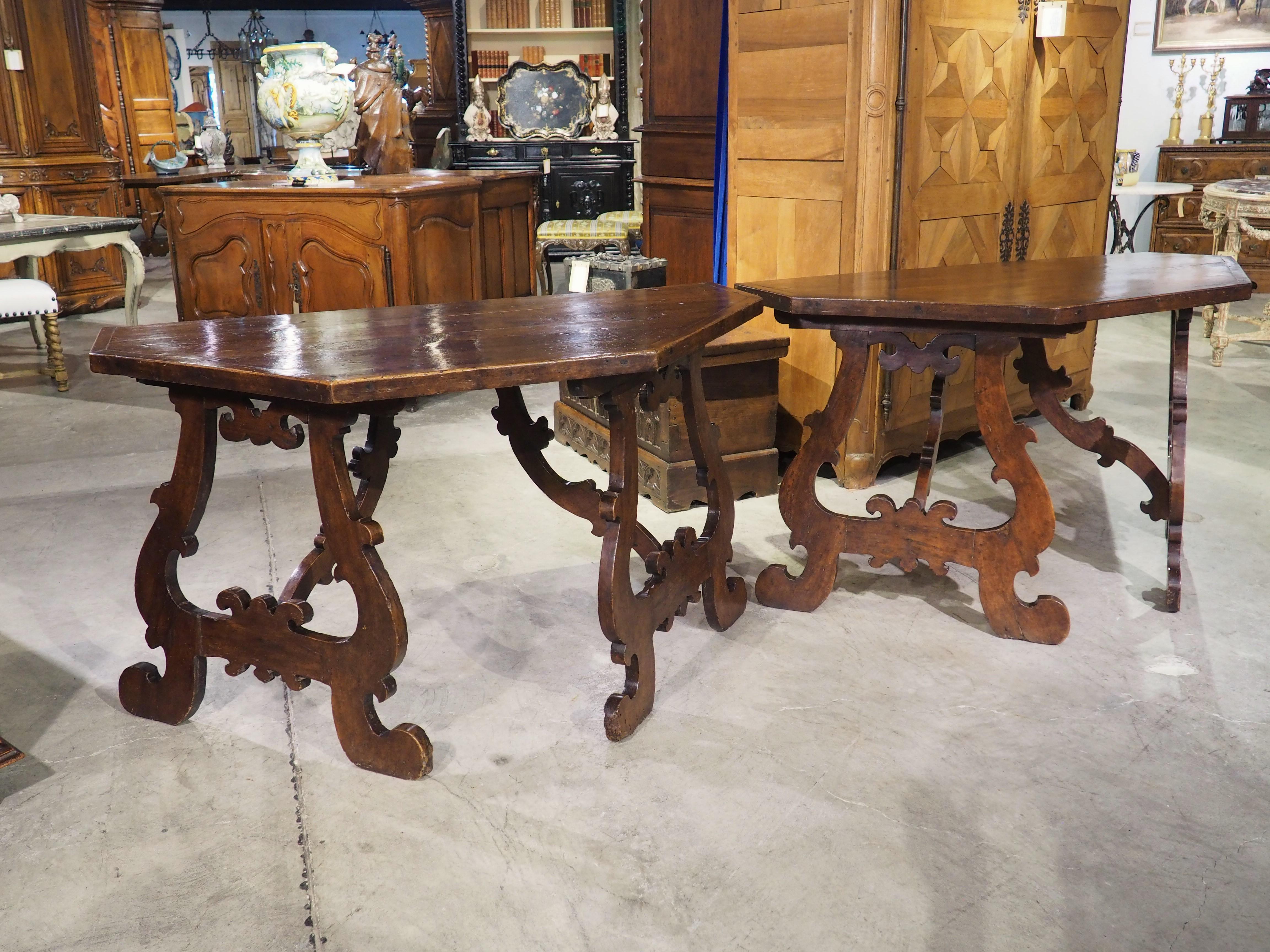 Pair of 17th Century Italian Walnut Wood Lyre Leg Consoles or Center Table 6