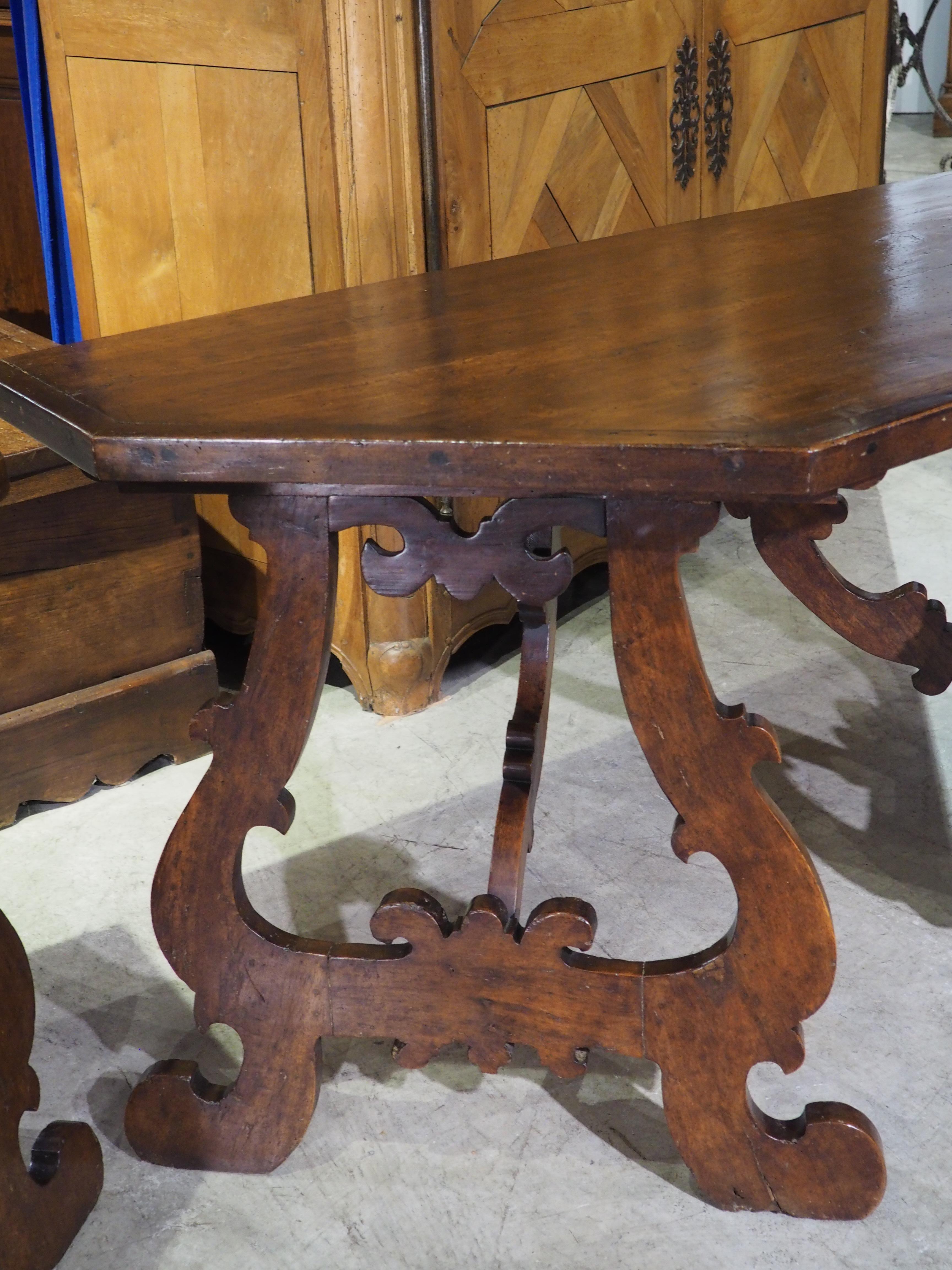 Pair of 17th Century Italian Walnut Wood Lyre Leg Consoles or Center Table 9
