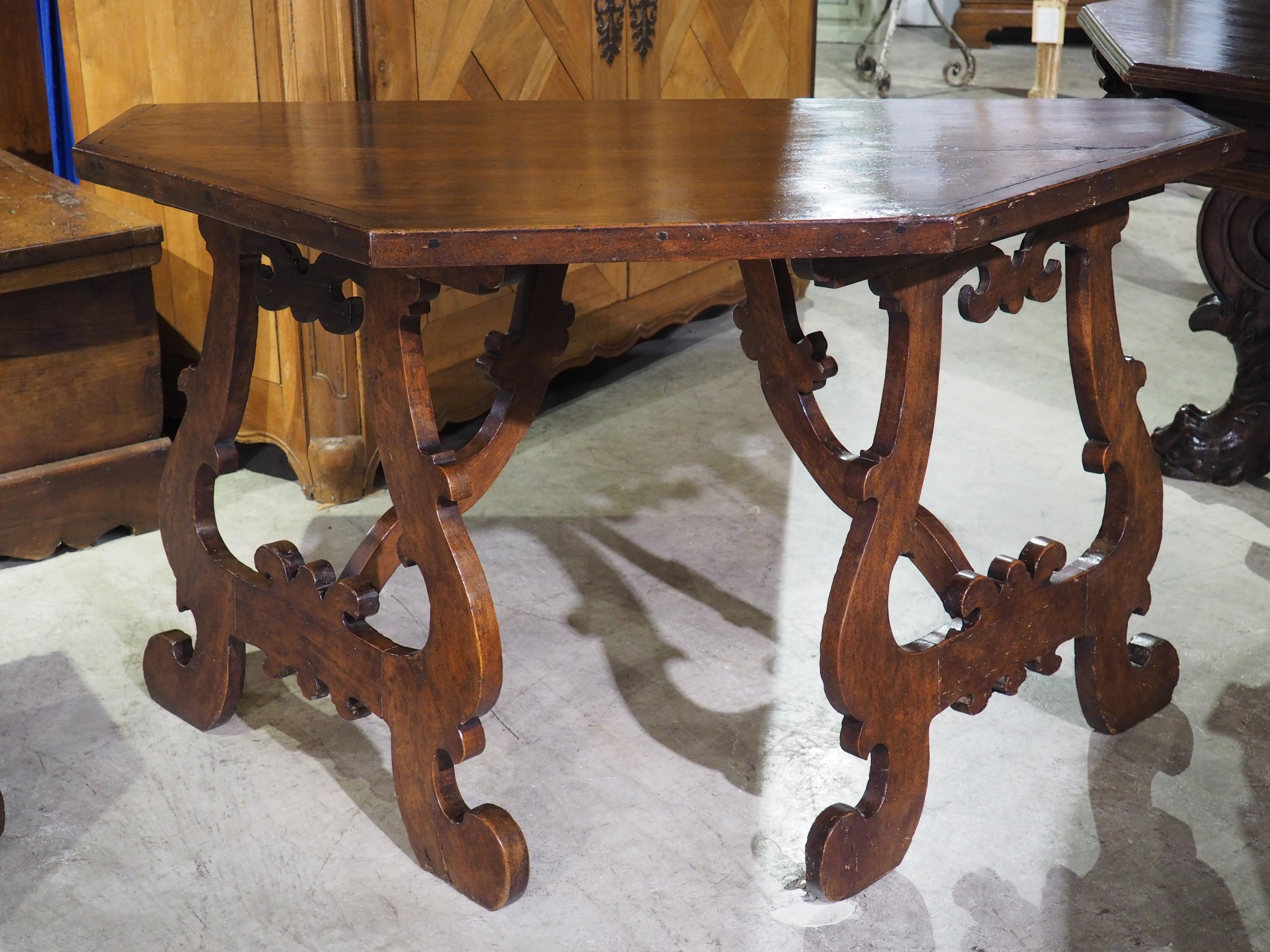 Pair of 17th Century Italian Walnut Wood Lyre Leg Consoles or Center Table 10