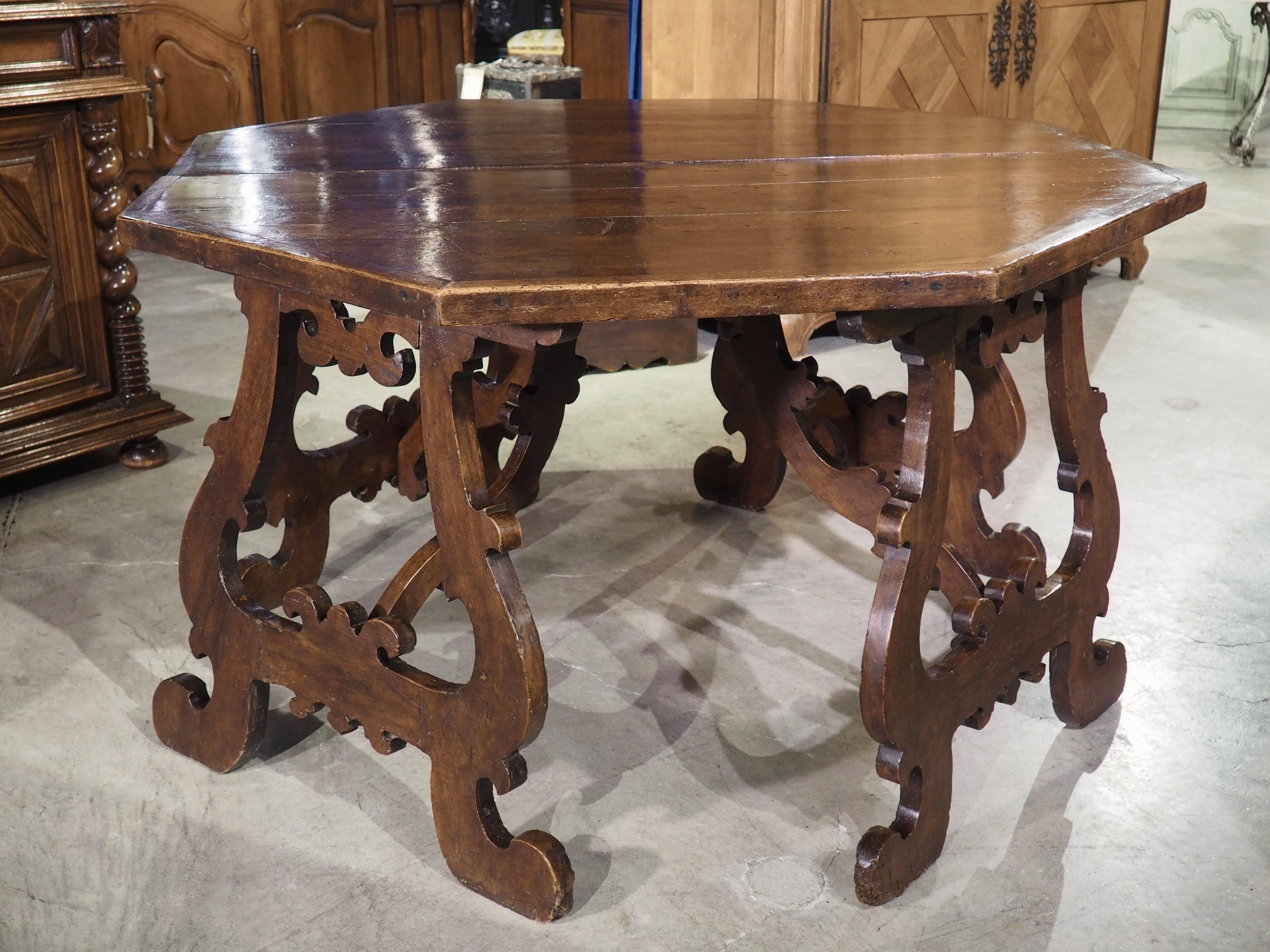 Pair of 17th Century Italian Walnut Wood Lyre Leg Consoles or Center Table 14