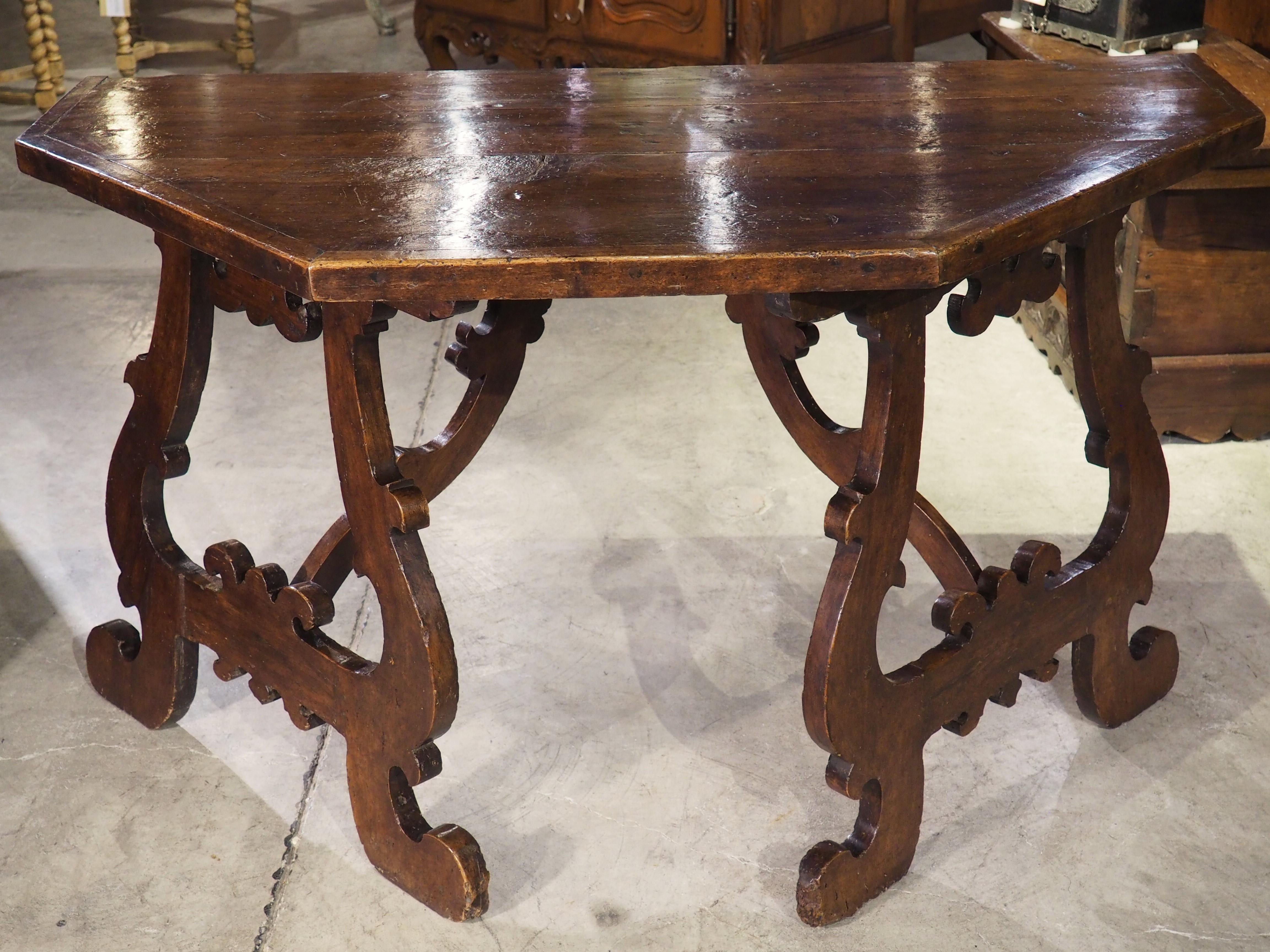 Baroque Pair of 17th Century Italian Walnut Wood Lyre Leg Consoles or Center Table