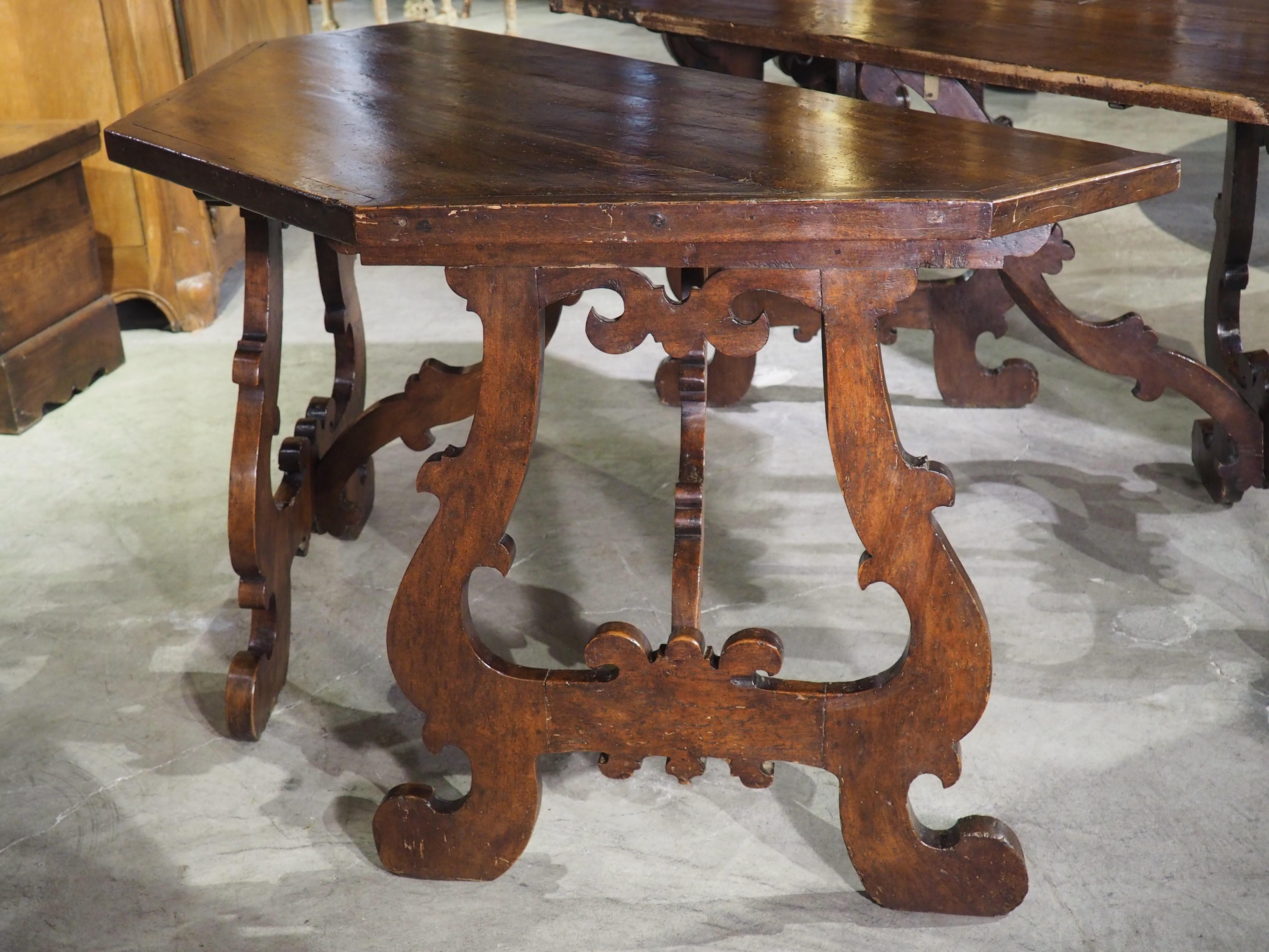 Pair of 17th Century Italian Walnut Wood Lyre Leg Consoles or Center Table 1