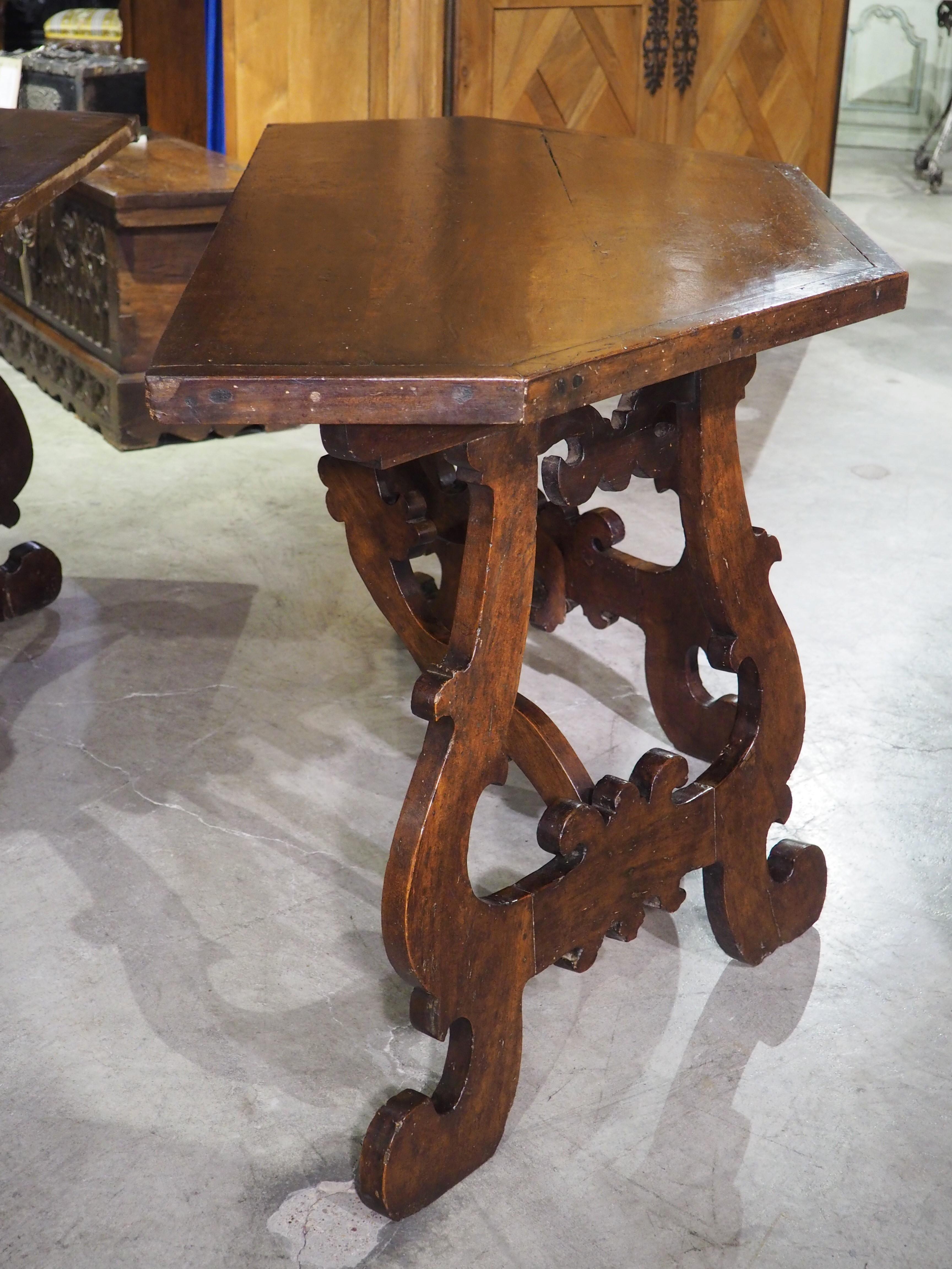 Pair of 17th Century Italian Walnut Wood Lyre Leg Consoles or Center Table 3