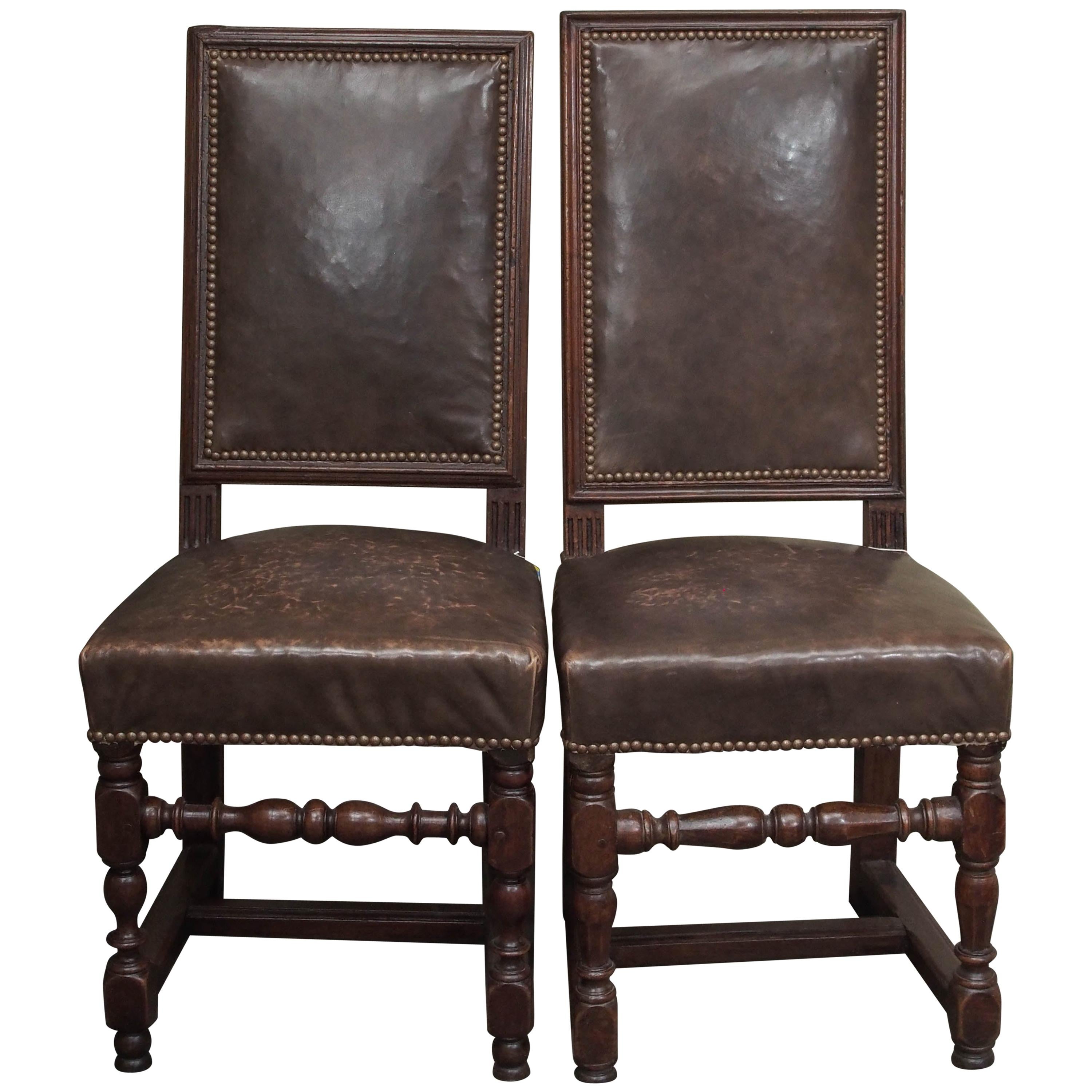 Pair of 17th Century Leather and Walnut Side Chairs For Sale