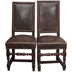 Antique Pair of 17th Century Leather and Walnut Side Chairs