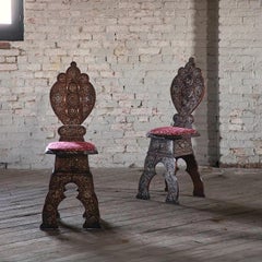 Pair of 17th Century North Italian Bone Inlaid Walnut Sgabelli Hall Chairs