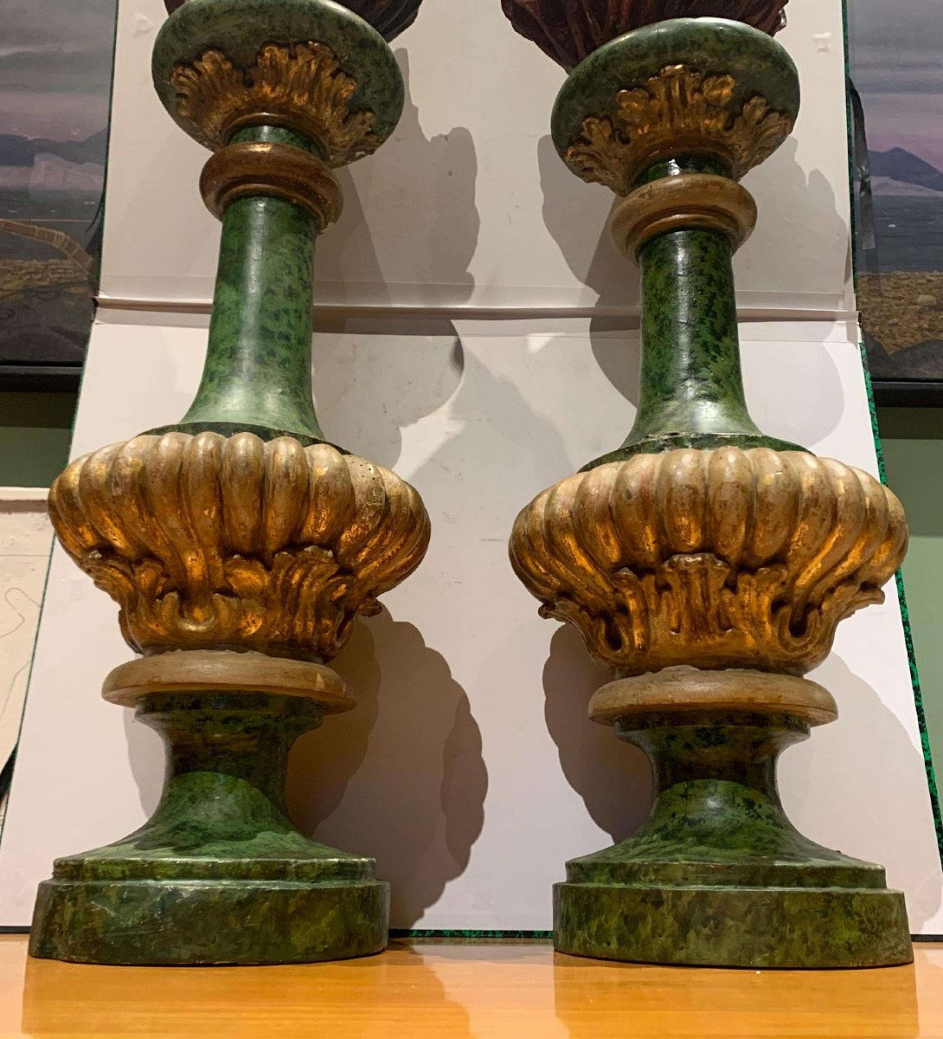 French Pair of 17th Century Painted and Gilded Wood Fire Pots For Sale
