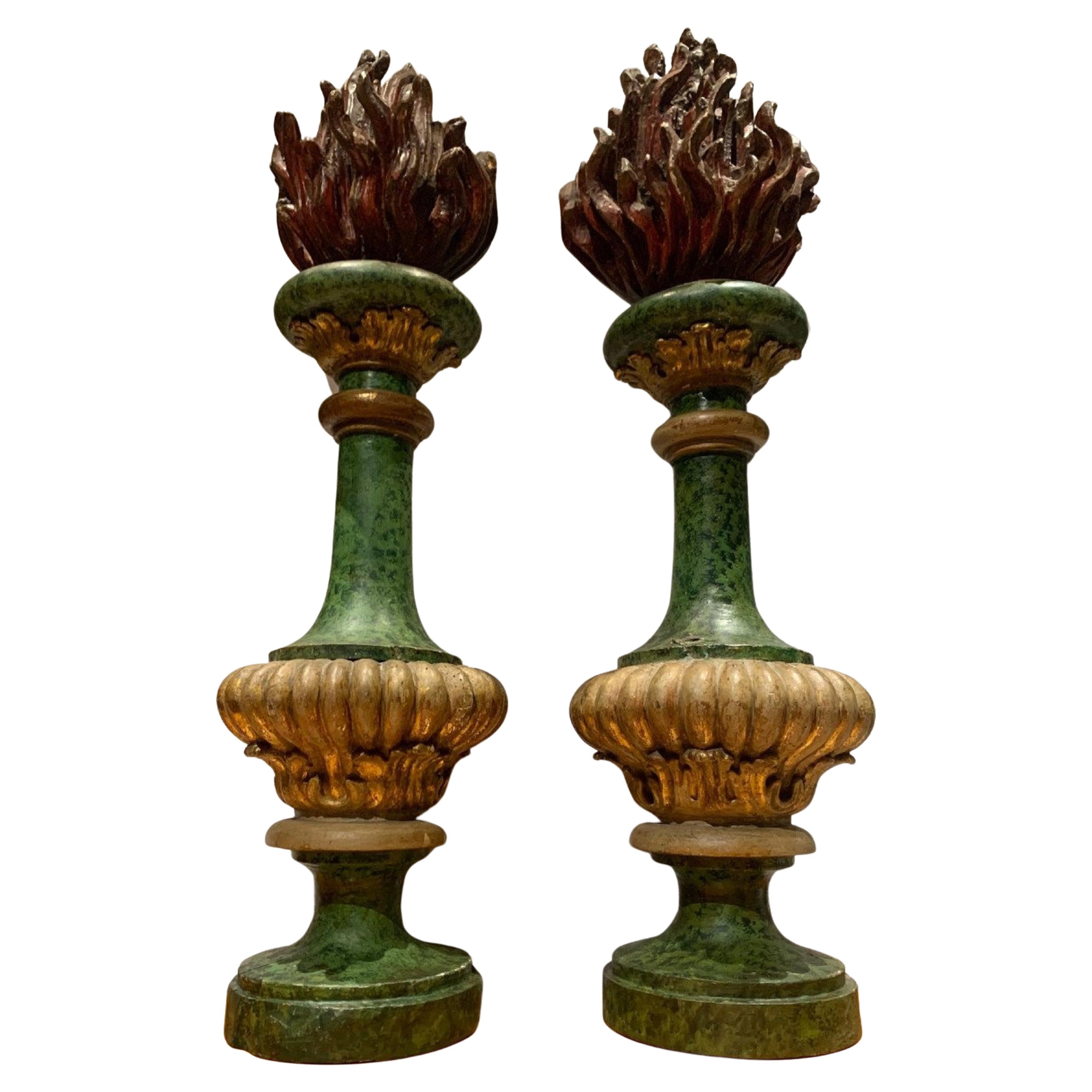 Pair of 17th Century Painted and Gilded Wood Fire Pots For Sale