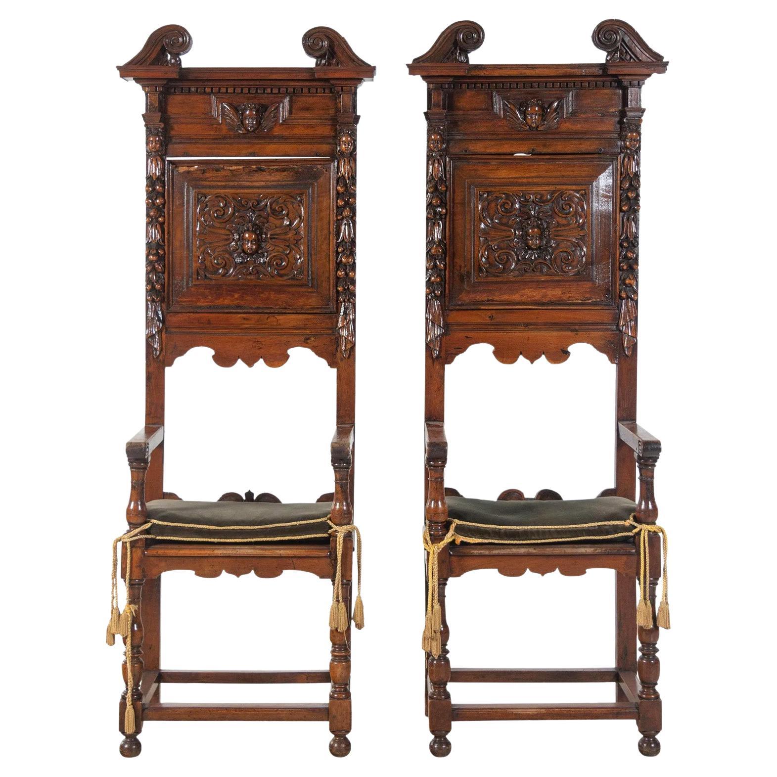 Pair of 17th Century Renaissance Revival Hall Chairs For Sale