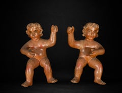 Pair of 17th Century Spanish Carved Polychrome Wooden Cherubs, Baroque