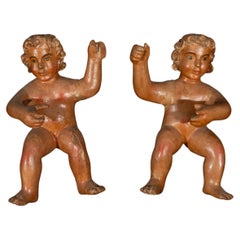 Pair of 17th Century Spanish Carved Polychrome Wooden Cherubs, Baroque
