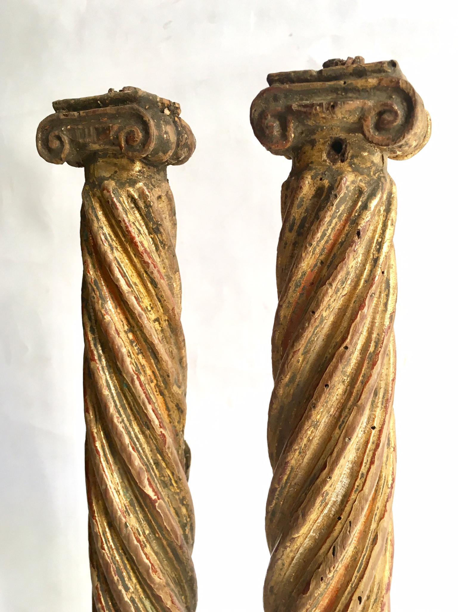 Baroque Pair of 17th Century Spanish Carved Wood Columns