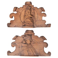 Pair of 17th Century Spanish Hand Carved Pine Wood Portrait Bas-Reliefs