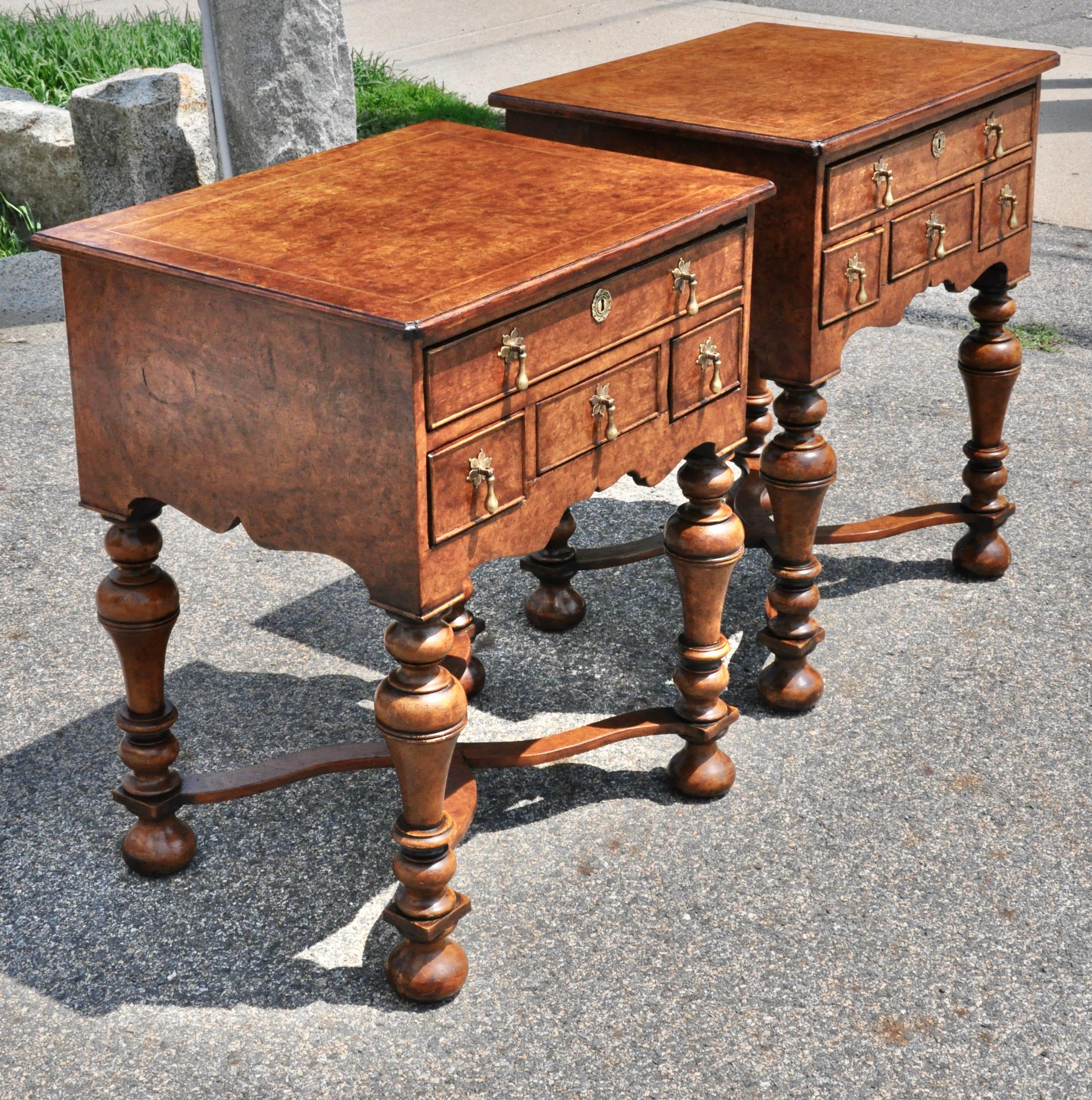 Pair of William and Mary or George I style burl walnut end or side tables. Trumpet legs.