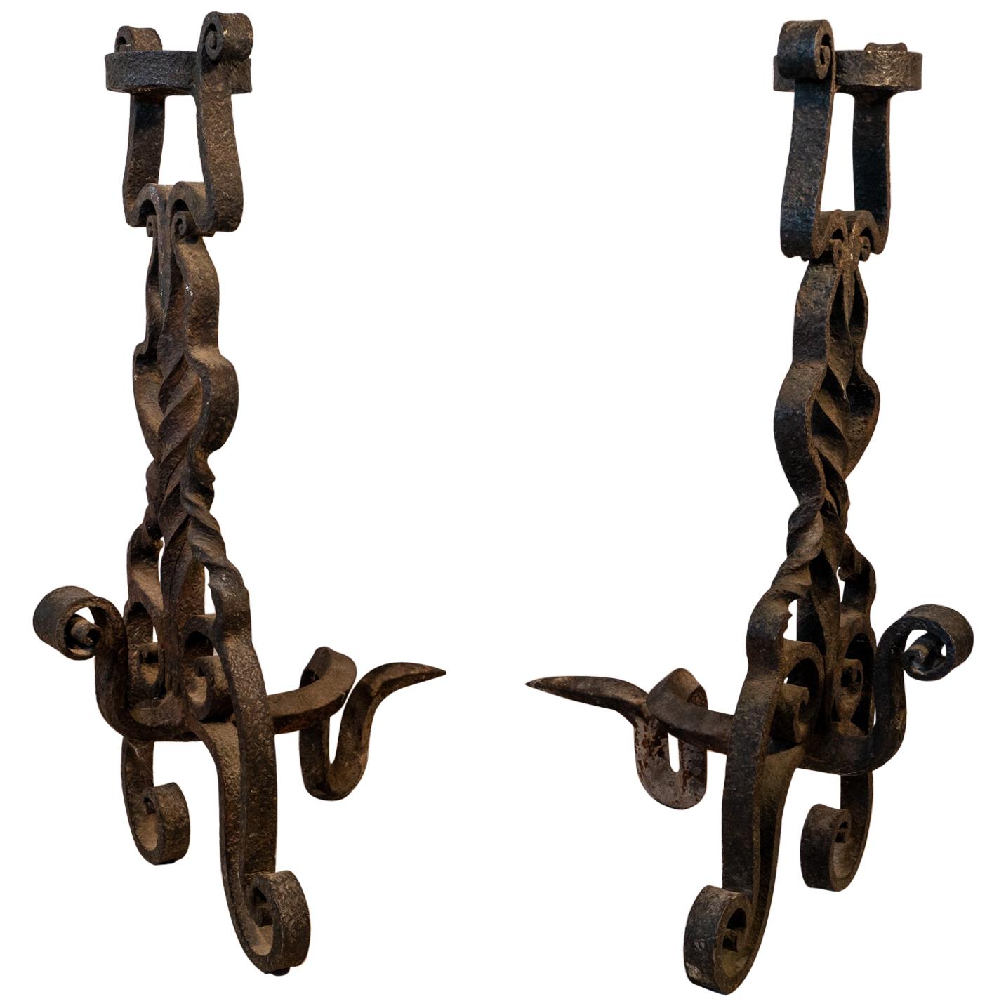 Pair of 17th Century Style Italian Wrought / Forged Andirons