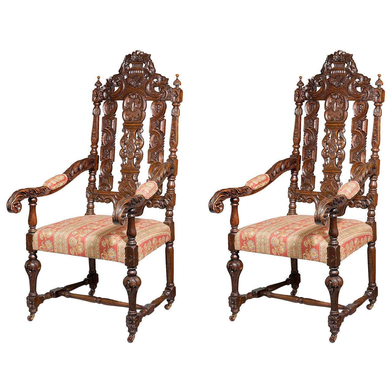 Pair of 17th Century Style Oak Chairs