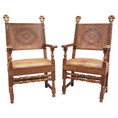 Pair of 17th Century Tooled and Gilt Leather and Walnut Armchairs from Italy