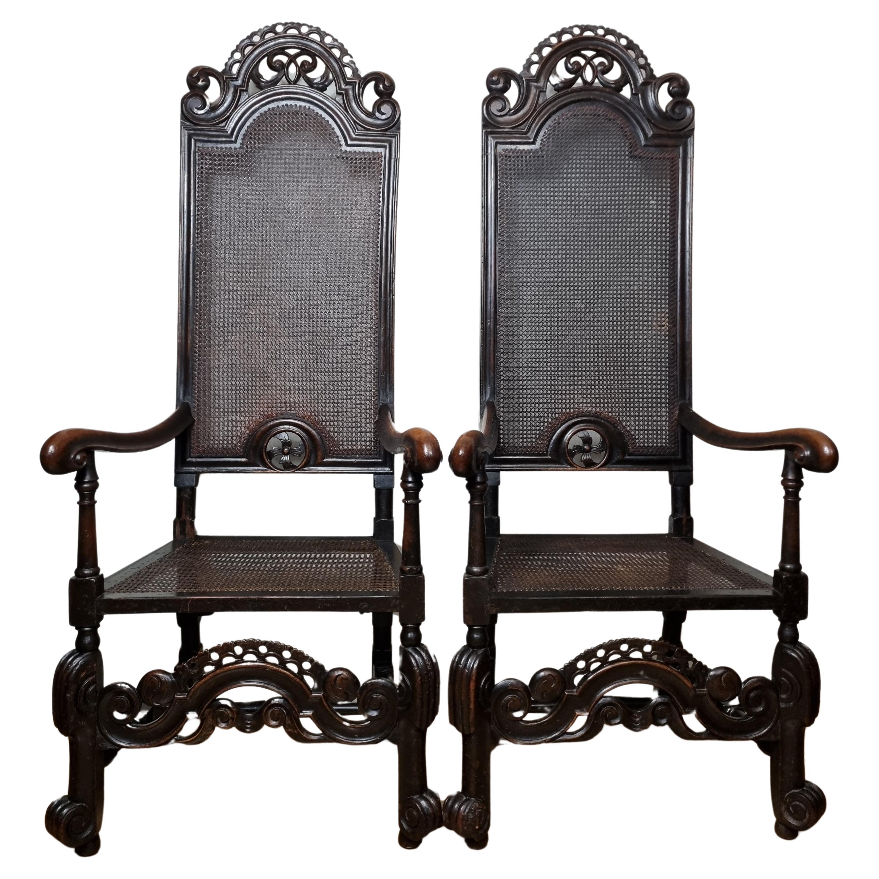 Pair of 17th Century William and Mary Walnut Armchairs For Sale