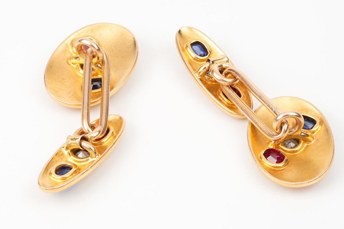 Late Victorian Antique Cufflinks in 18 Carat Gold with Diamond, Ruby & Sapphire, English, 1900 For Sale