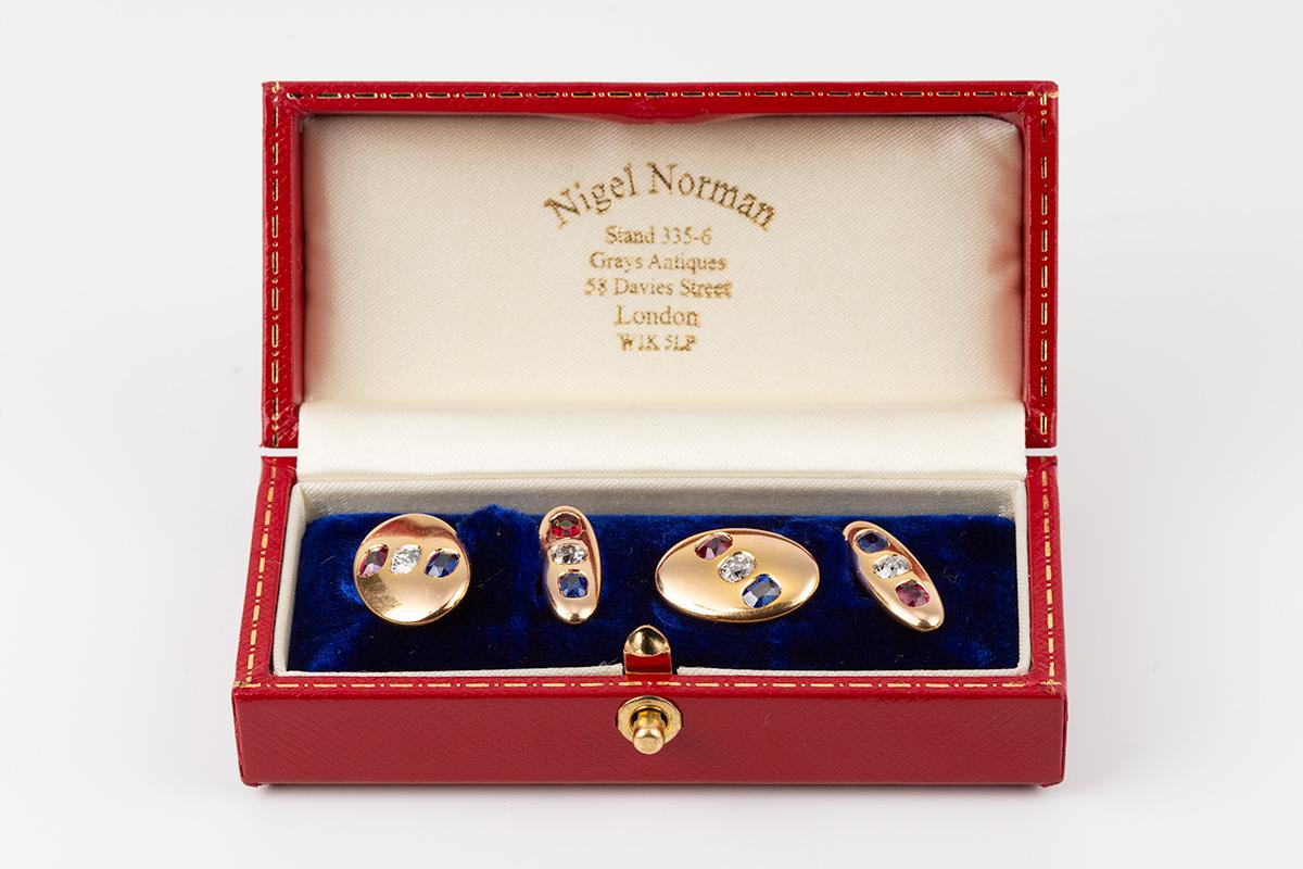 Round Cut Antique Cufflinks in 18 Carat Gold with Diamond, Ruby & Sapphire, English, 1900 For Sale
