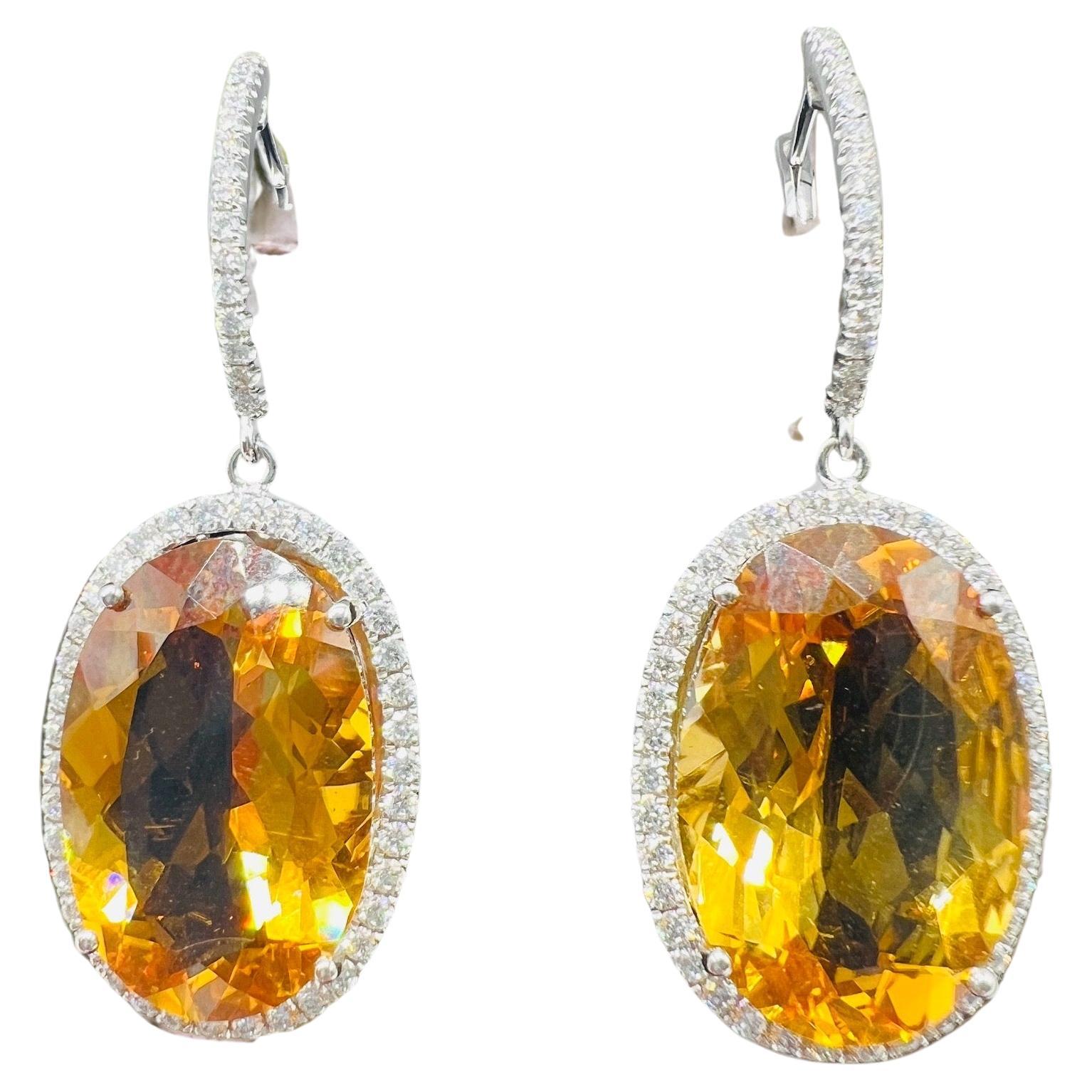 Pair of 18 Carat Gold Earrings Set Citrines and Diamonds