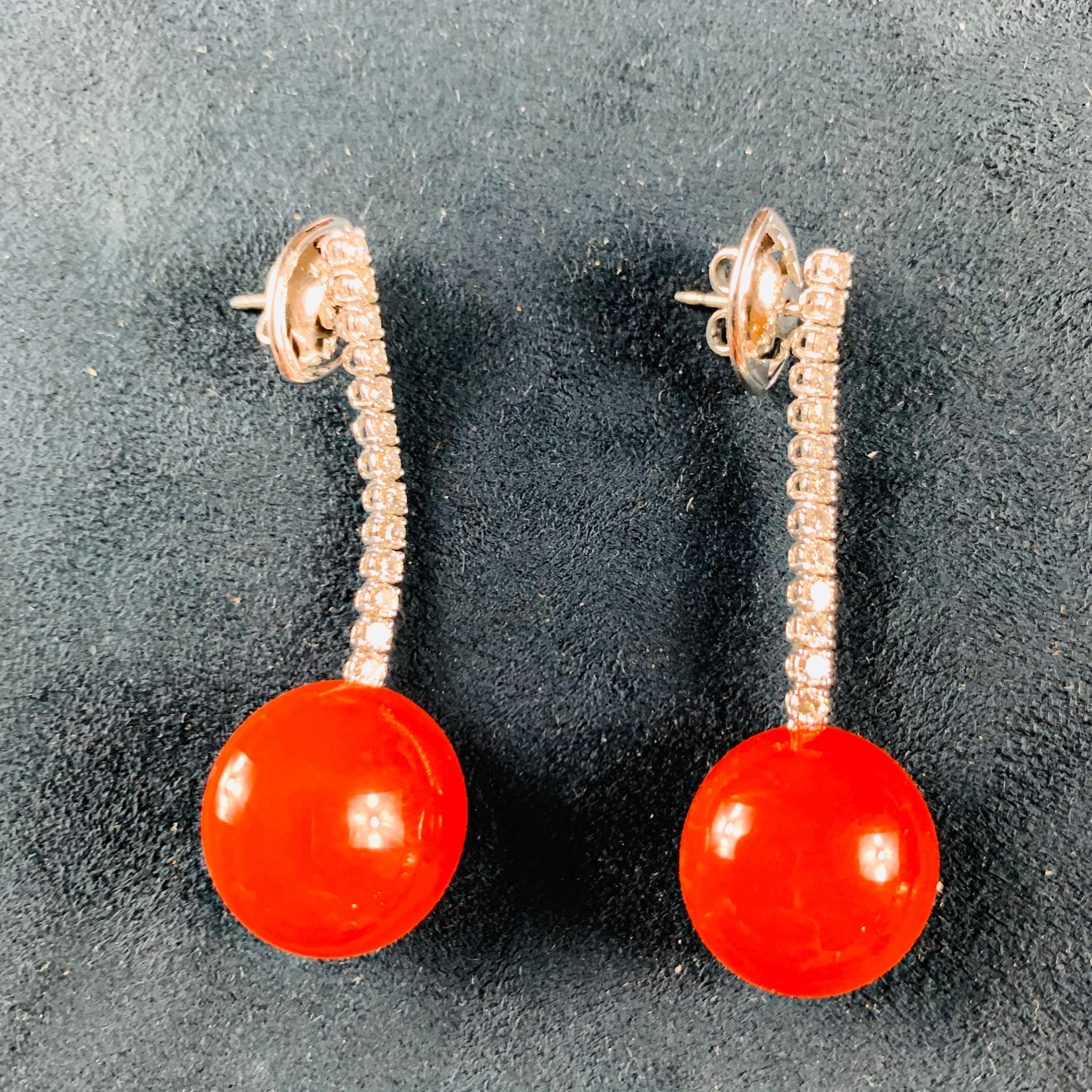 Women's Pair of 18 Carat White Gold Drop Red Coral Diamond Earrings For Sale