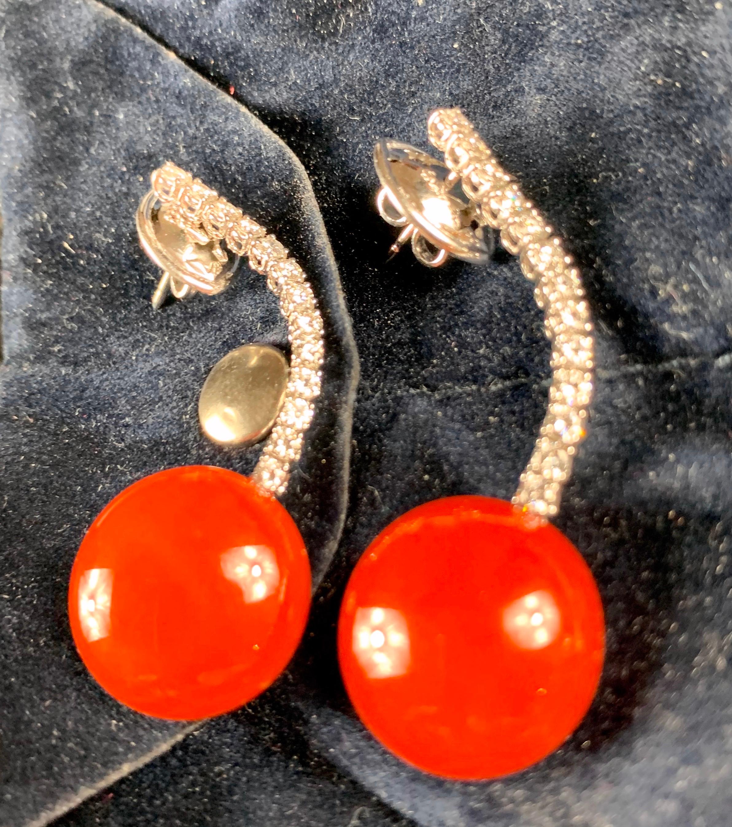 Pair of 18 Carat White Gold Drop Red Coral Diamond Earrings For Sale 1
