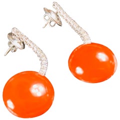 Pair of 18 Carat White Gold Drop Red Coral Diamond Earrings