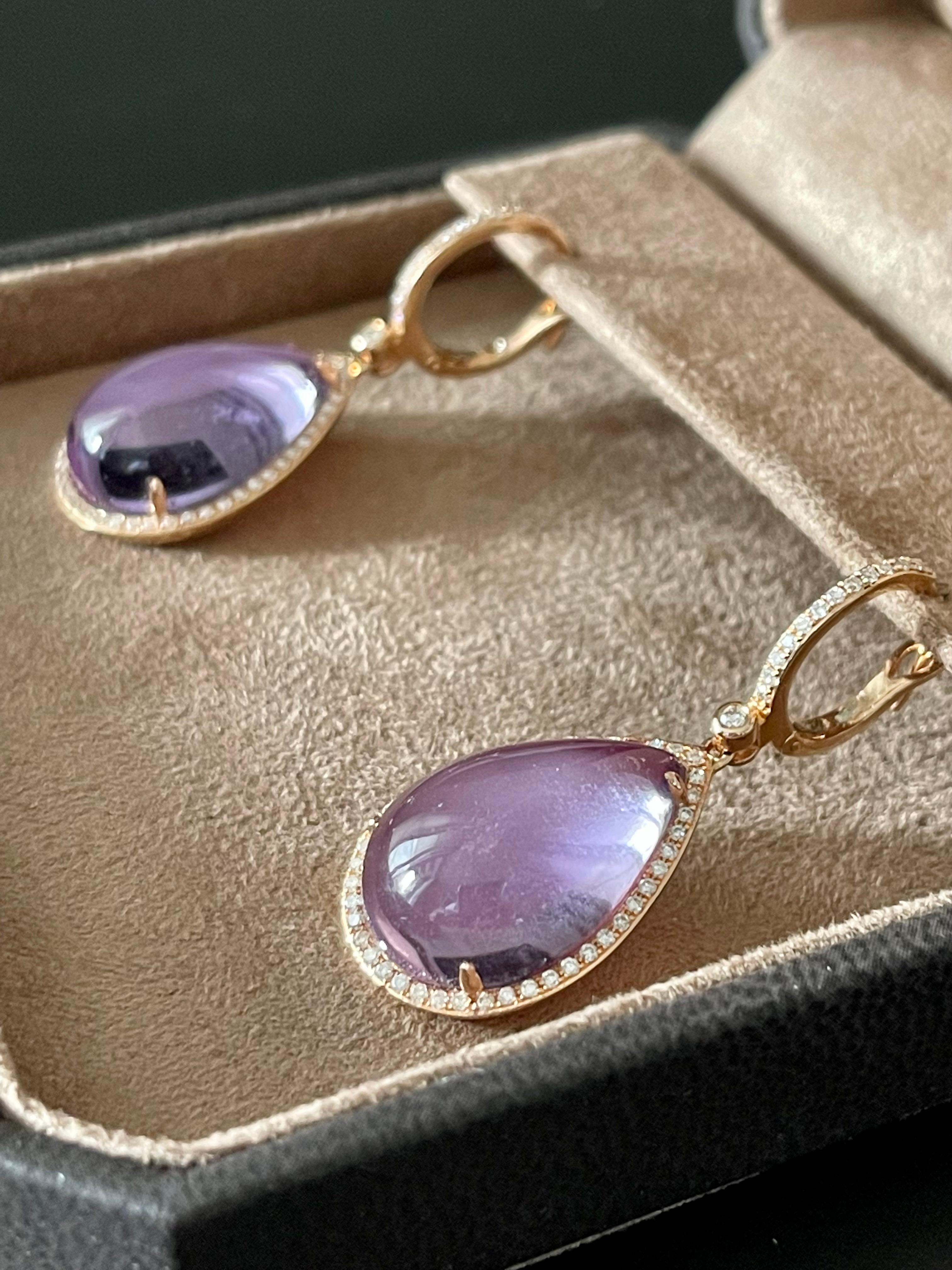 Contemporary Pair of 18 K Rose Gold Earrings Diamonds Mother of Pearl Amethyst For Sale