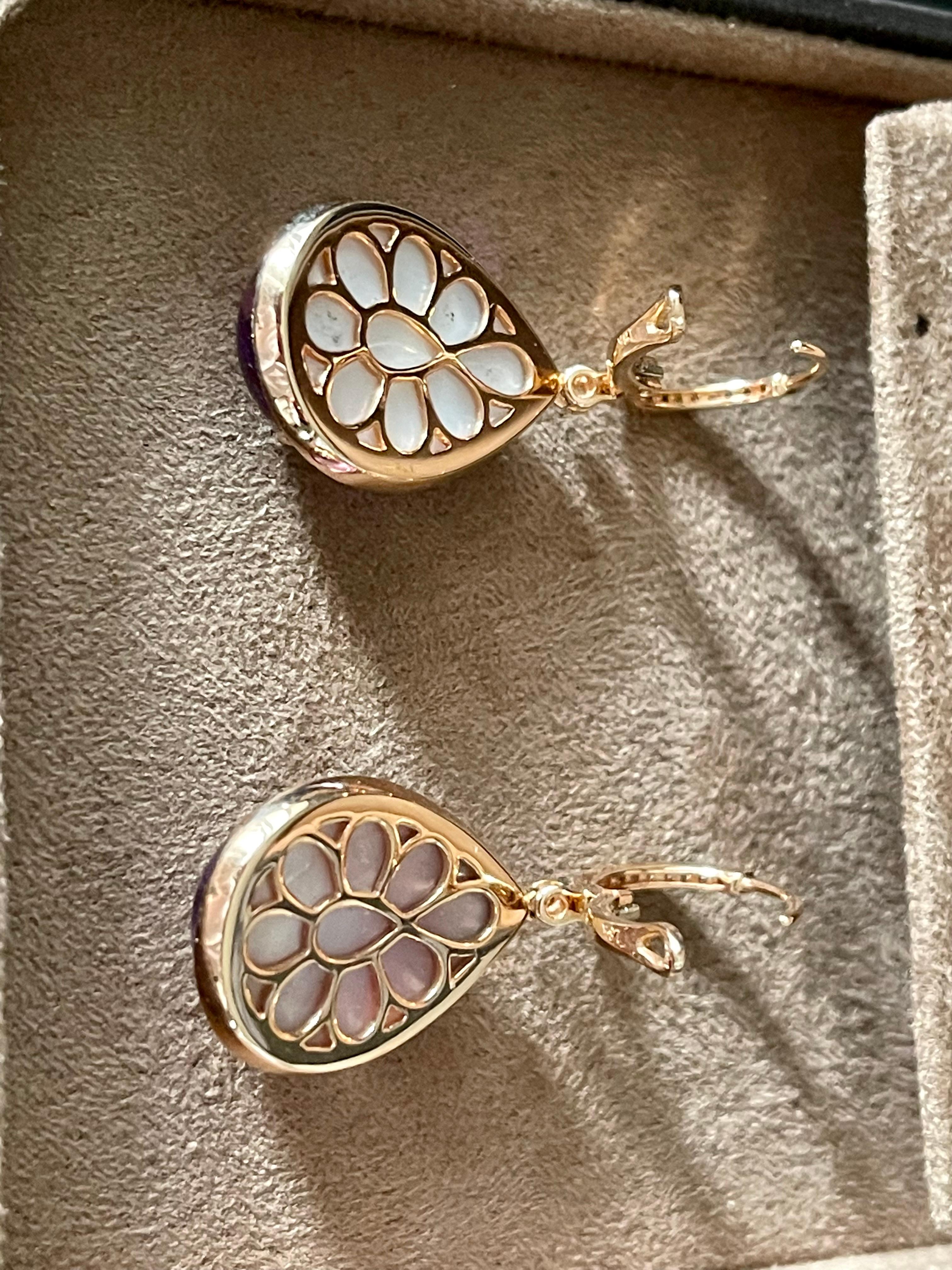 Brilliant Cut Pair of 18 K Rose Gold Earrings Diamonds Mother of Pearl Amethyst For Sale