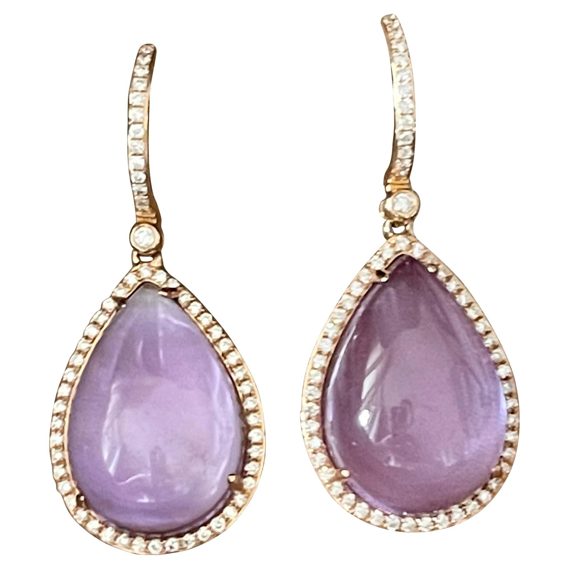 Pair of 18 K Rose Gold Earrings Diamonds Mother of Pearl Amethyst