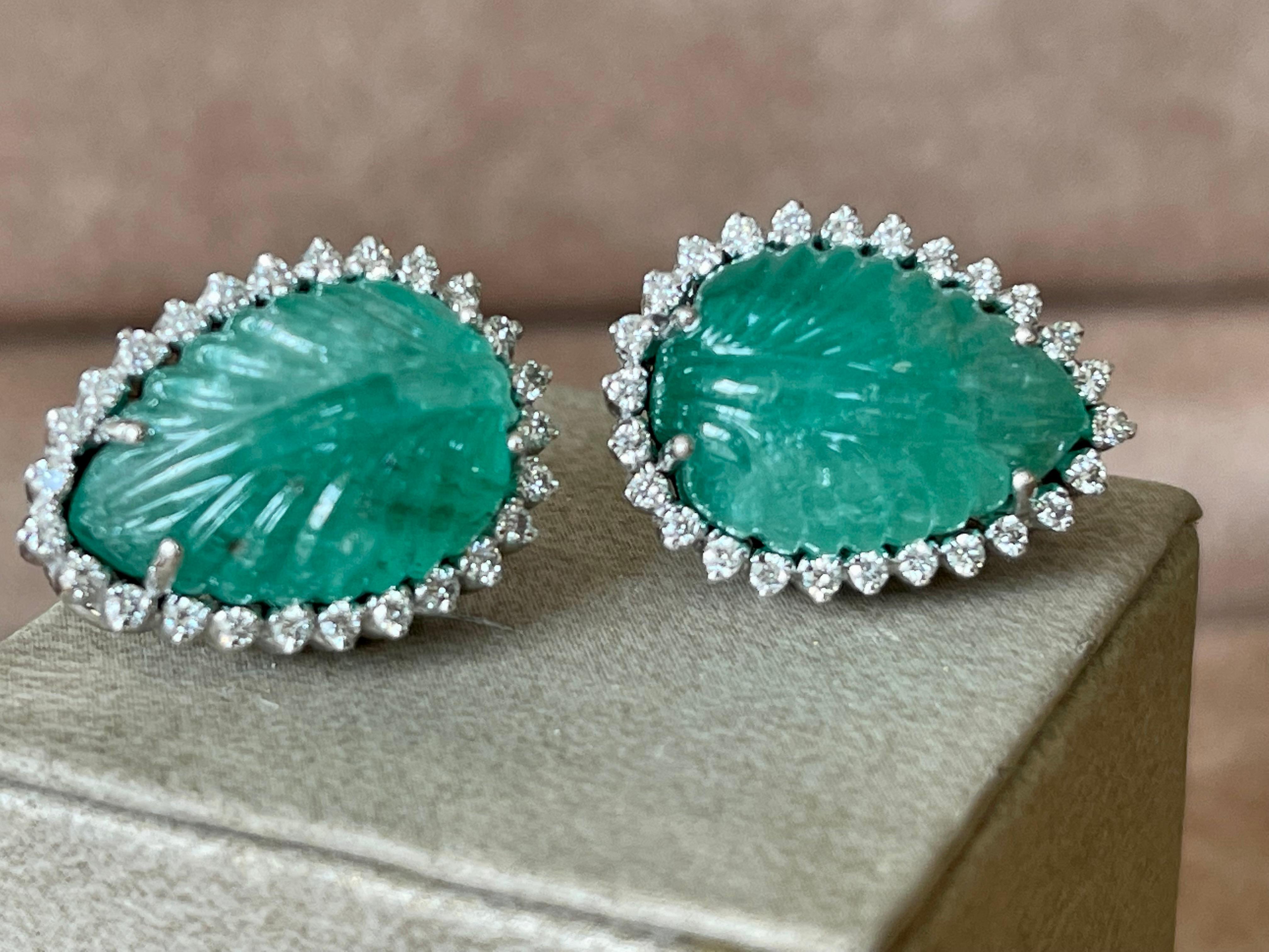 Cabochon Pair of 18 K White Gold Carved Emerald Diamond Earrings For Sale